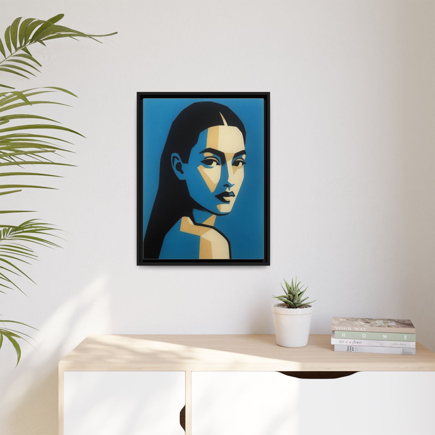 Framed Pop Art Portrait Canvas — Blue Geometric Woman Print