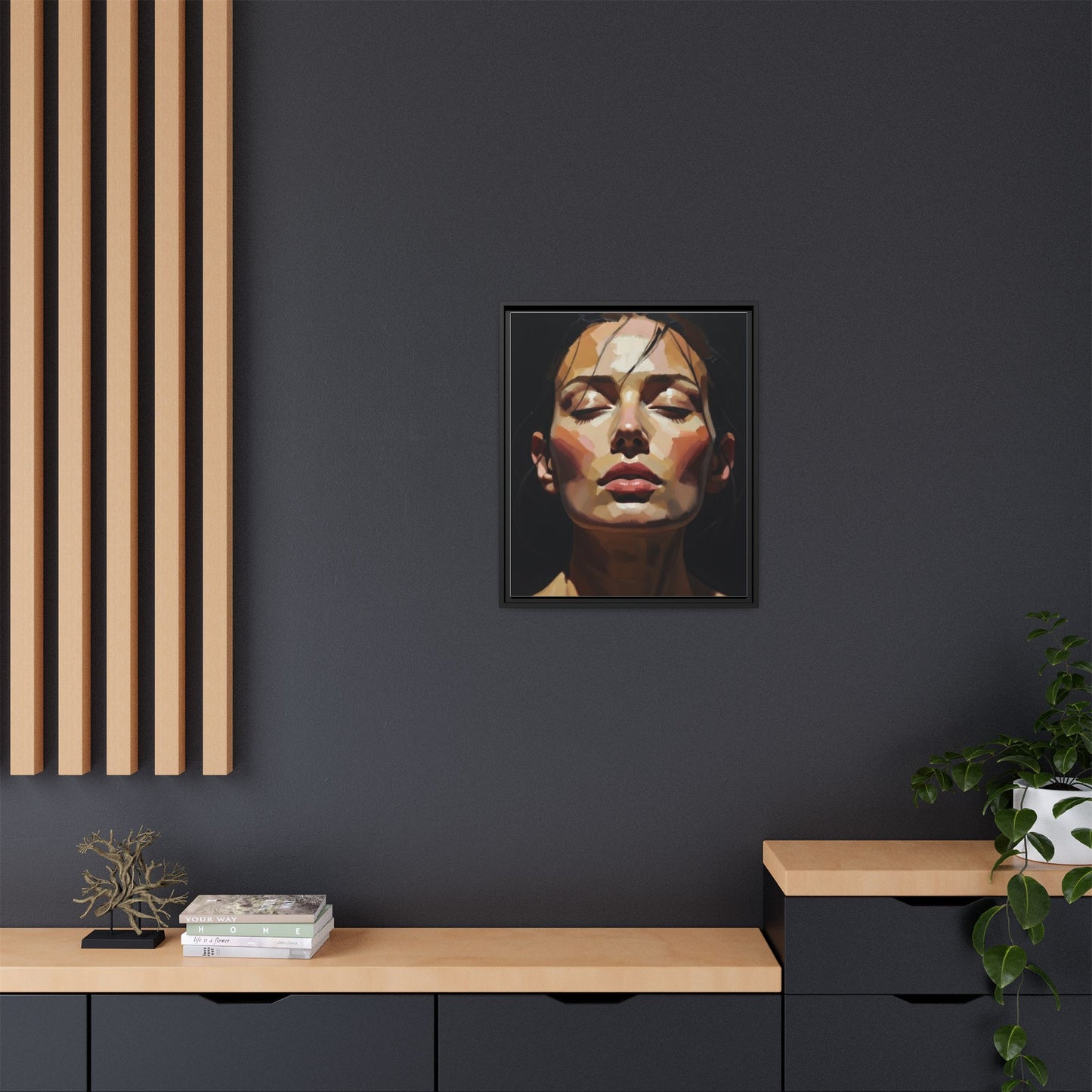 Framed Matte Canvas Portrait – Woman with Eyes Closed (Multi‑Color)