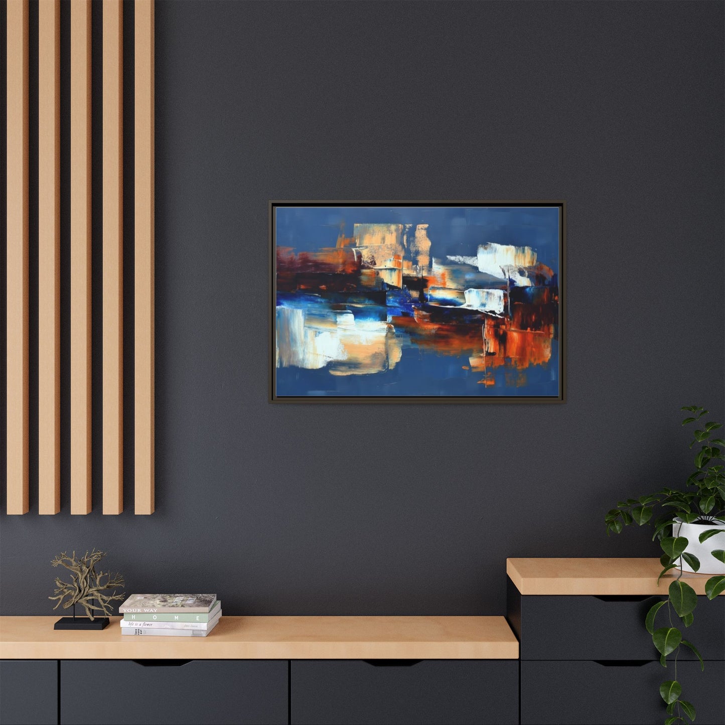 Abstract Blue & Rust Framed Canvas Art — Modern Matte Wall Painting