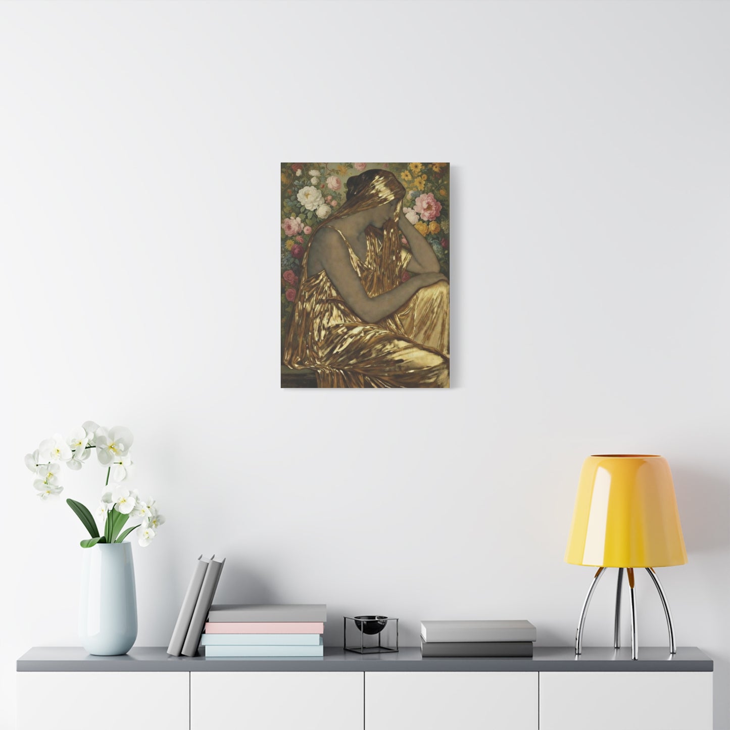 Golden Muse Canvas Print — Woman in Gold Floral Art (Stretched Matte)
