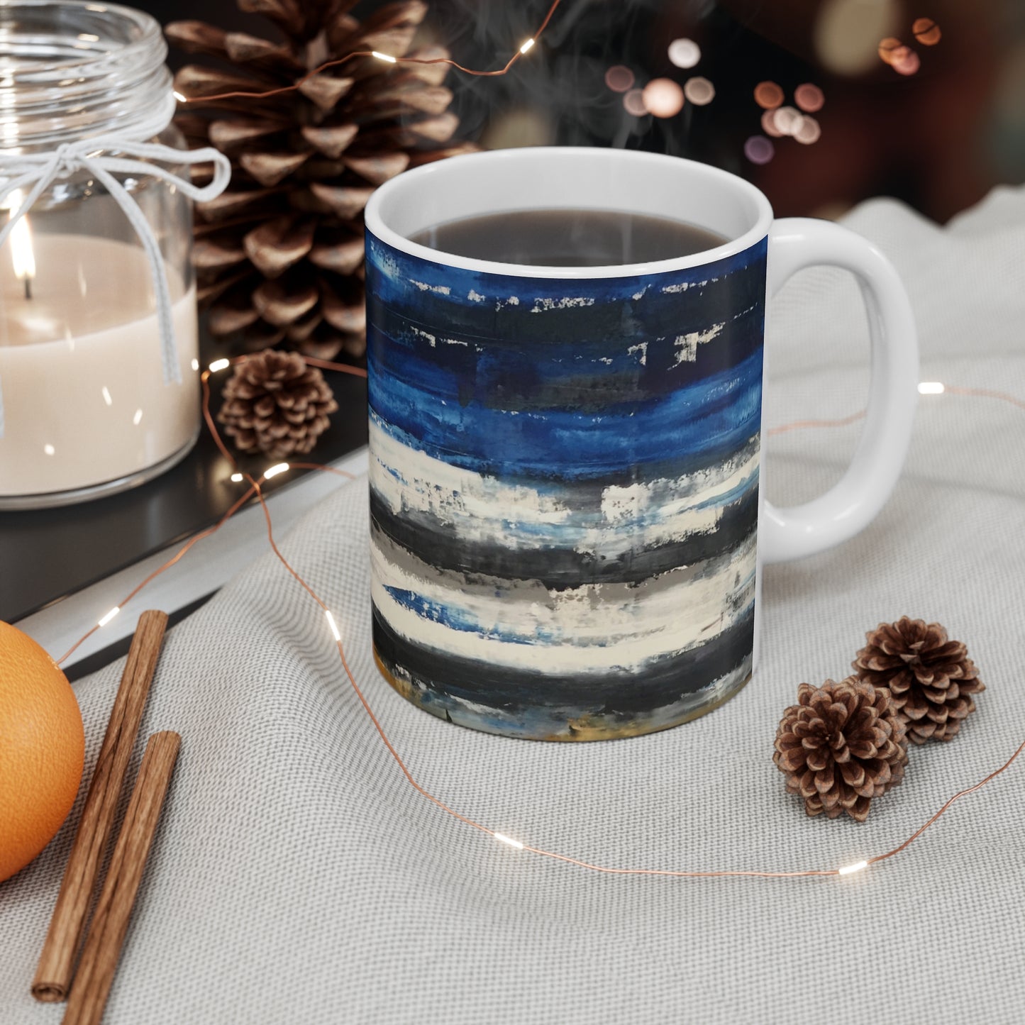 Blue Abstract Striped Ceramic Mug — Modern Ocean-Inspired 11oz Coffee Cup