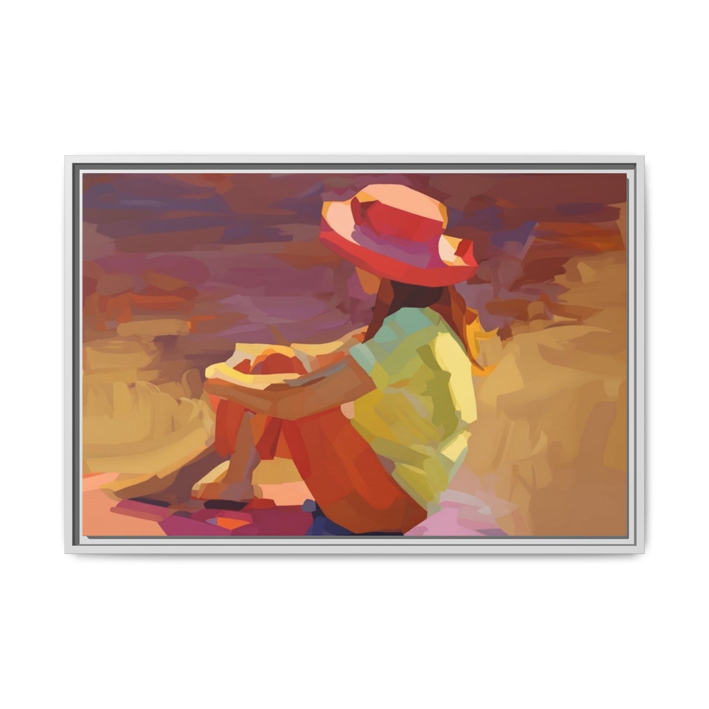 Framed Matte Canvas — Colorful Seated Girl Beach Art