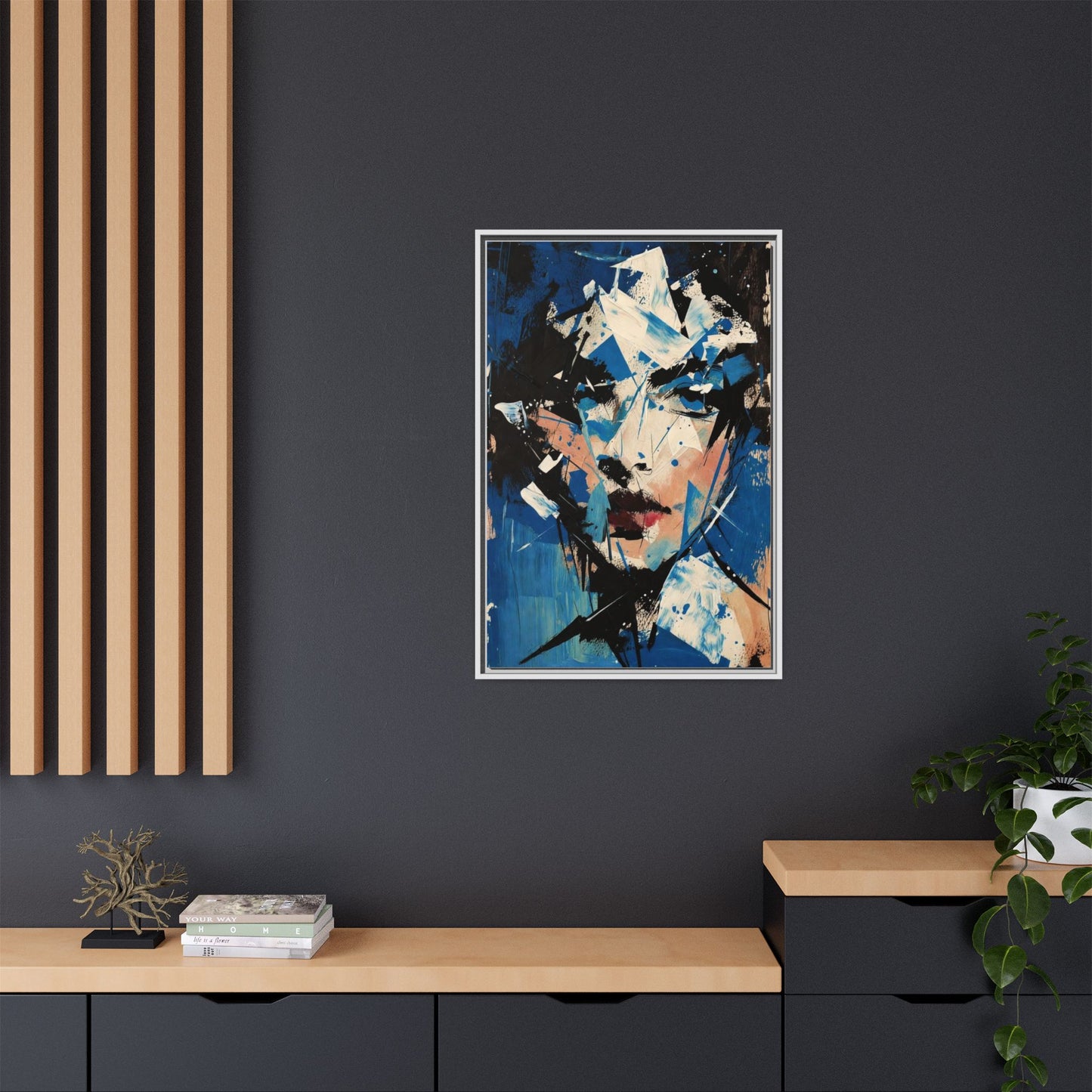 Abstract Portrait Matte Canvas Framed Wall Art — Blue Mixed-Media Face Print