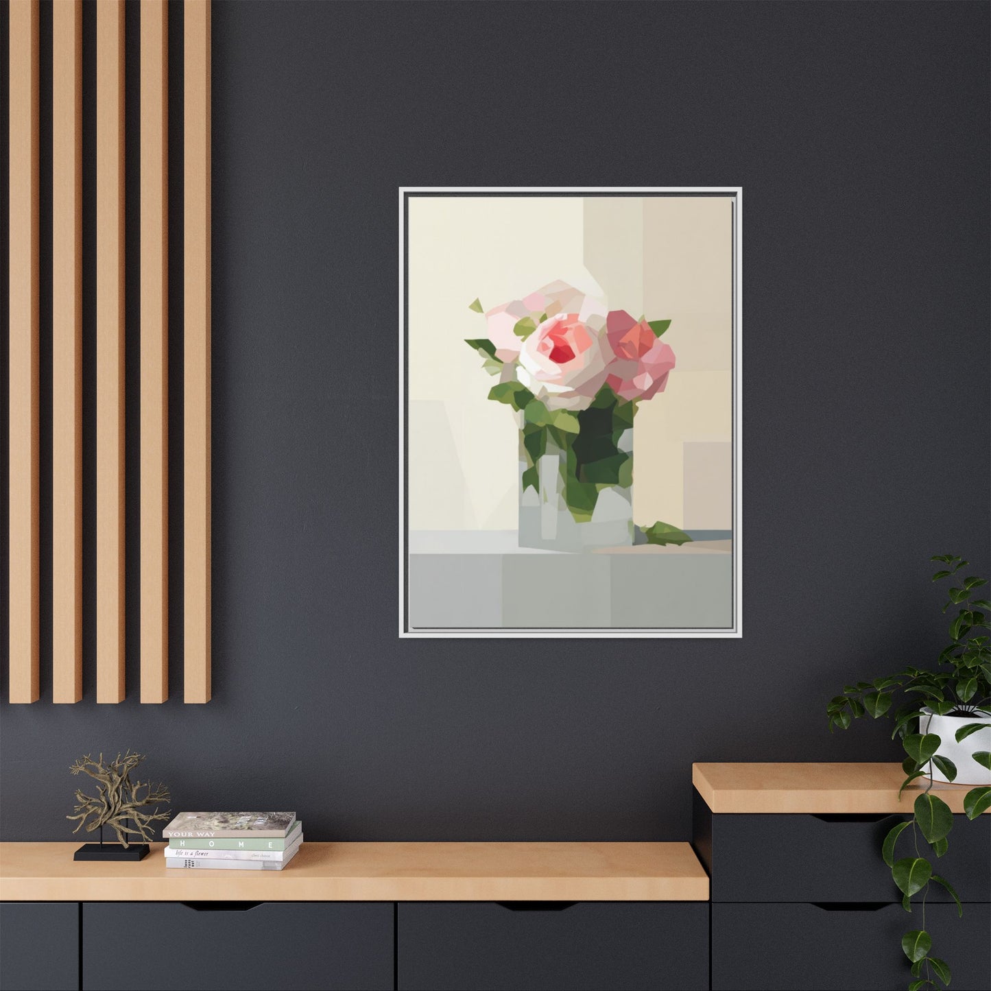 Framed Floral Canvas Print — Geometric Pink Rose Wall Art