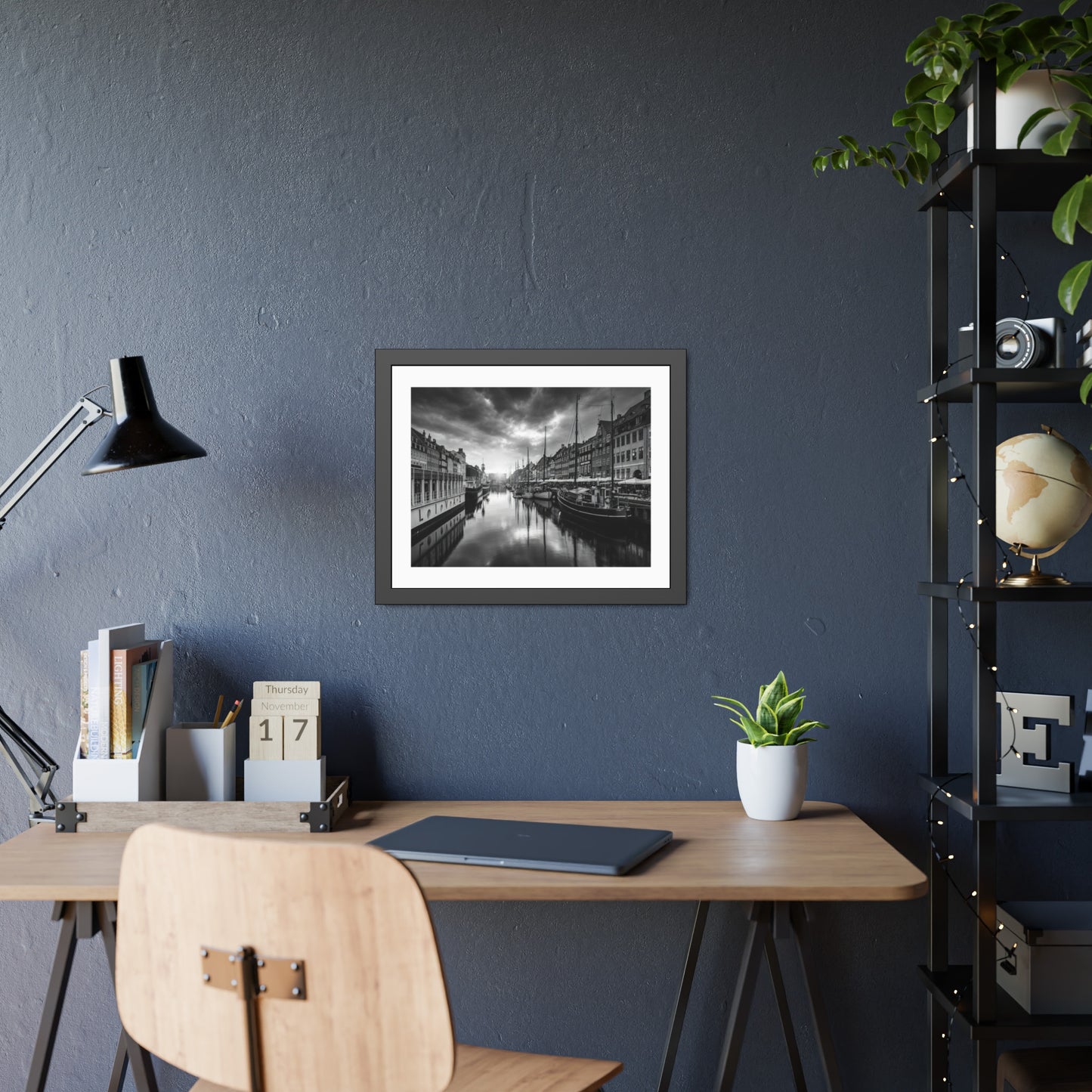 Black & White Dutch Canal Framed Photo Print — Nautical Cityscape Wall Art