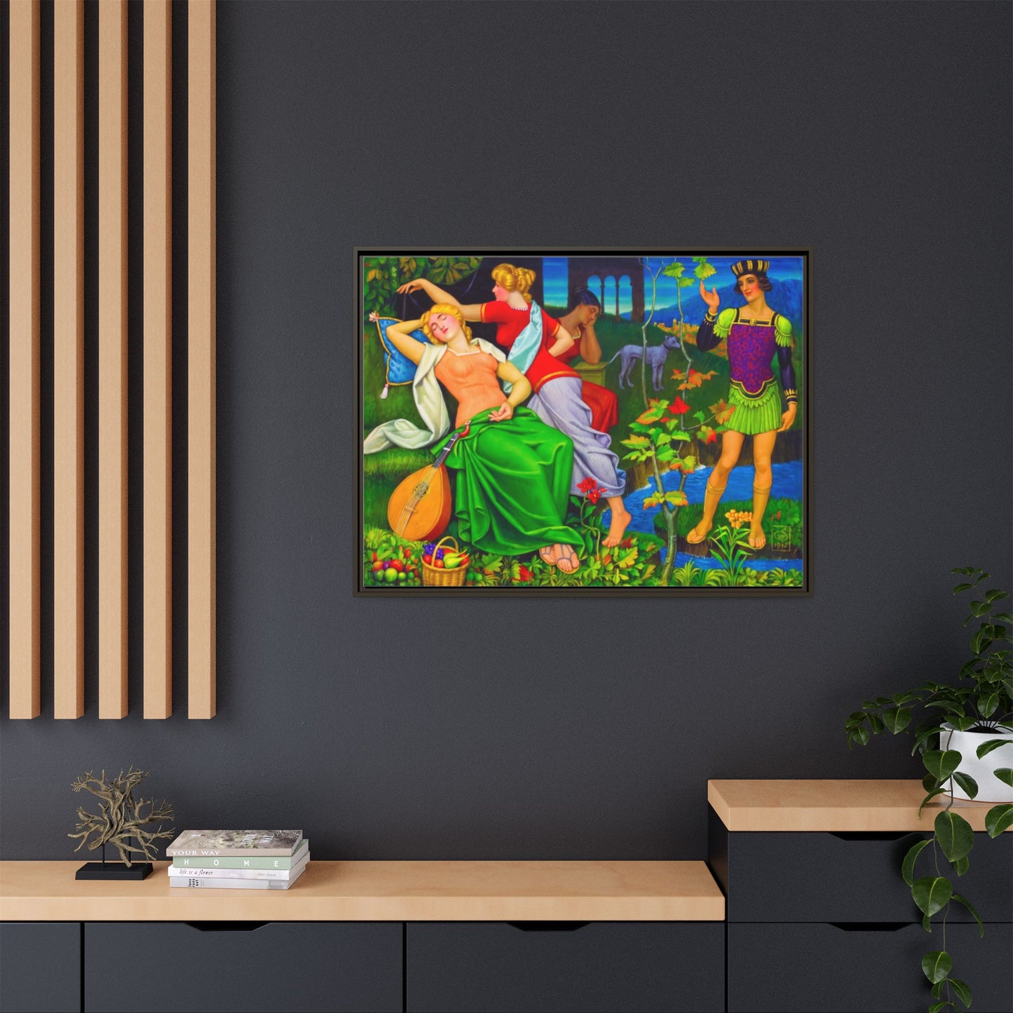Framed Matte Canvas Art — Colorful Mythic Garden Scene