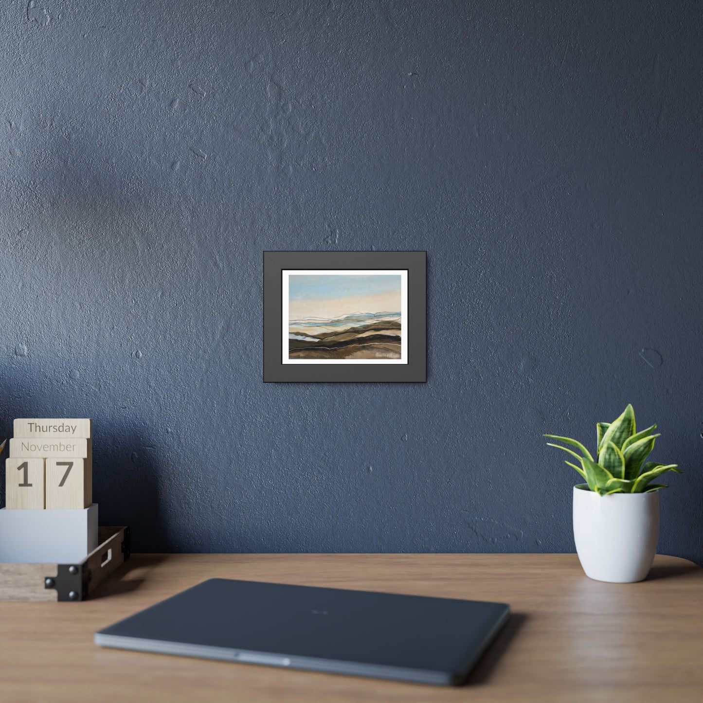 Coastal Abstract Landscape Framed Poster — Serene Blue & Earthtone Wall Art