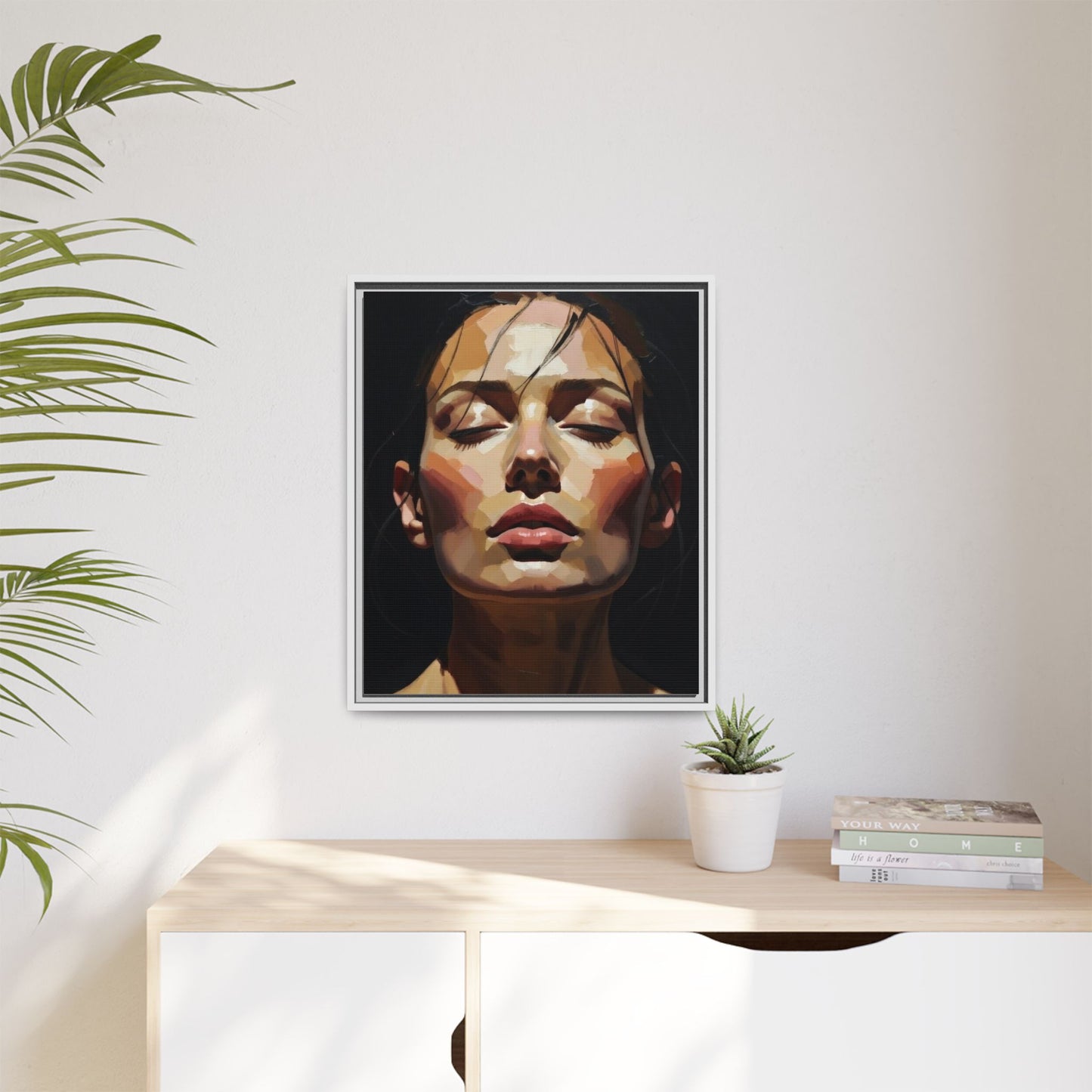 Framed Matte Canvas Portrait – Woman with Eyes Closed (Multi‑Color)