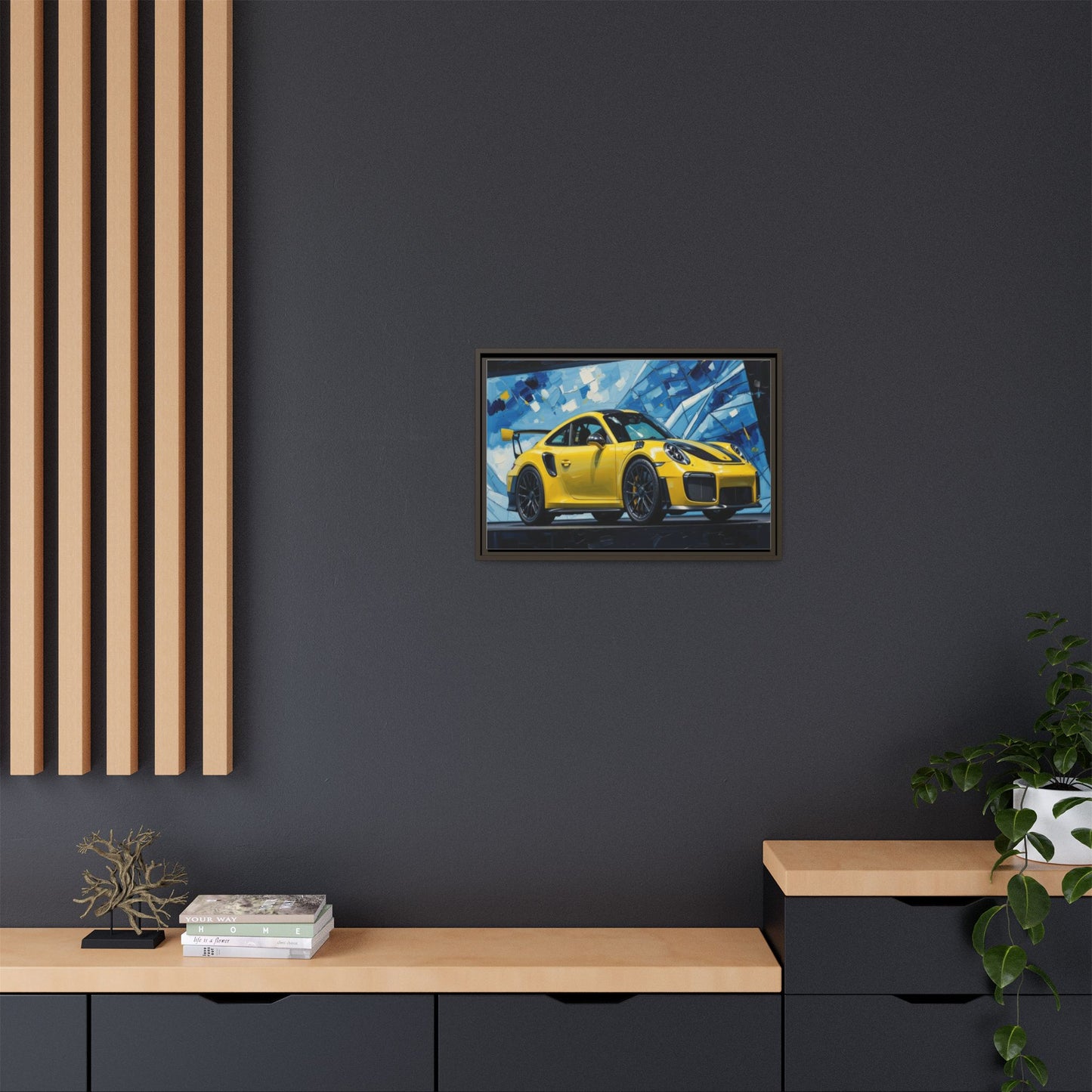 Yellow Porsche Sports Car Matte Framed Canvas – Modern Automotive Wall Art
