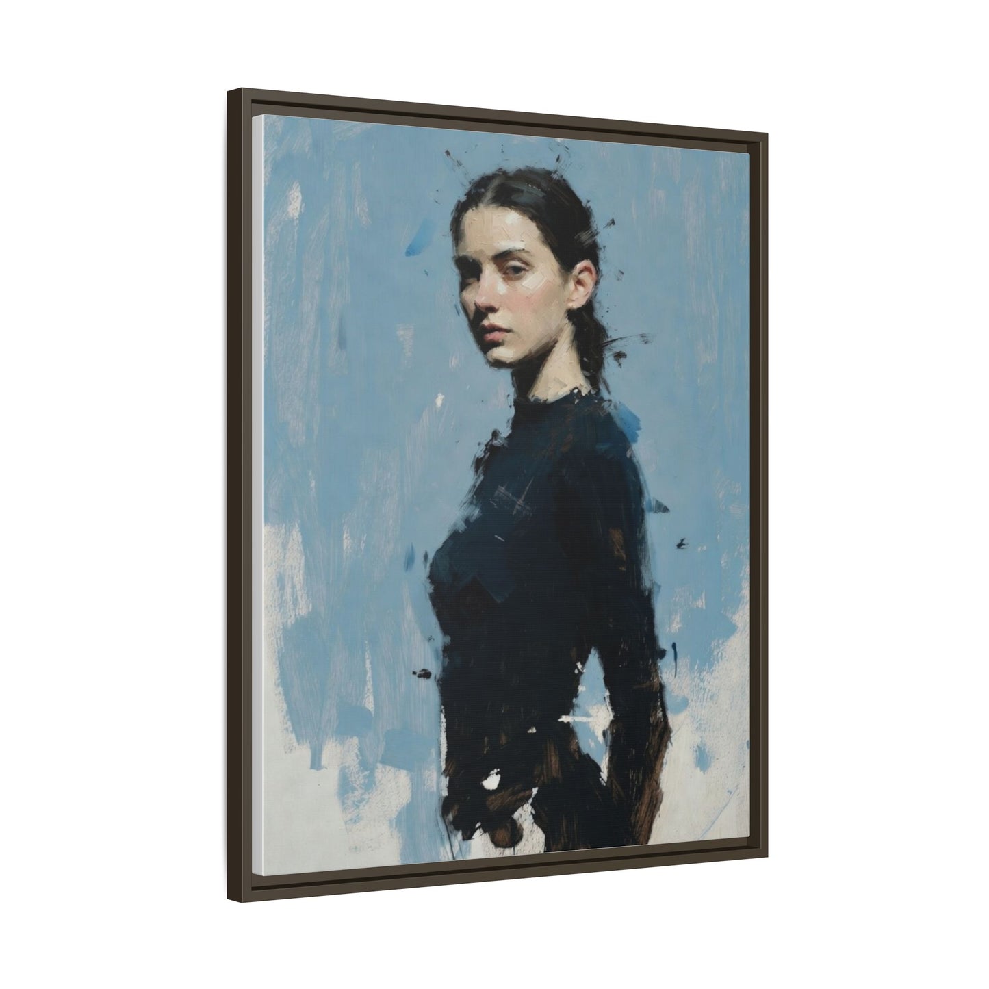 Framed Matte Canvas Portrait Print — Elegant Blue Woman Art