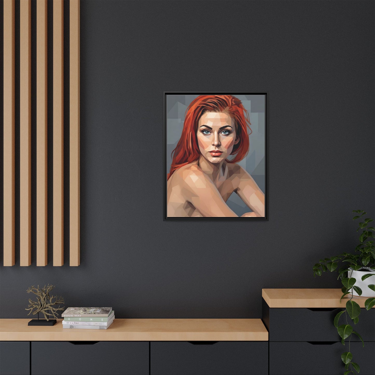Framed Matte Canvas Portrait — Geometric Redhead Wall Art