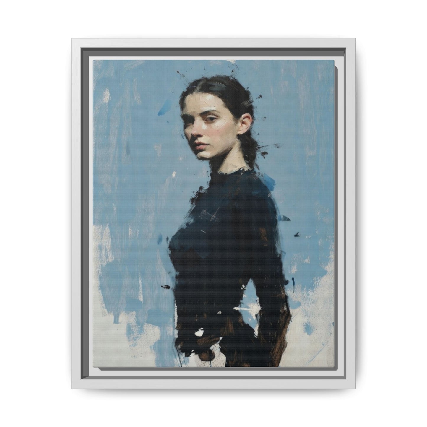 Framed Matte Canvas Portrait Print — Elegant Blue Woman Art