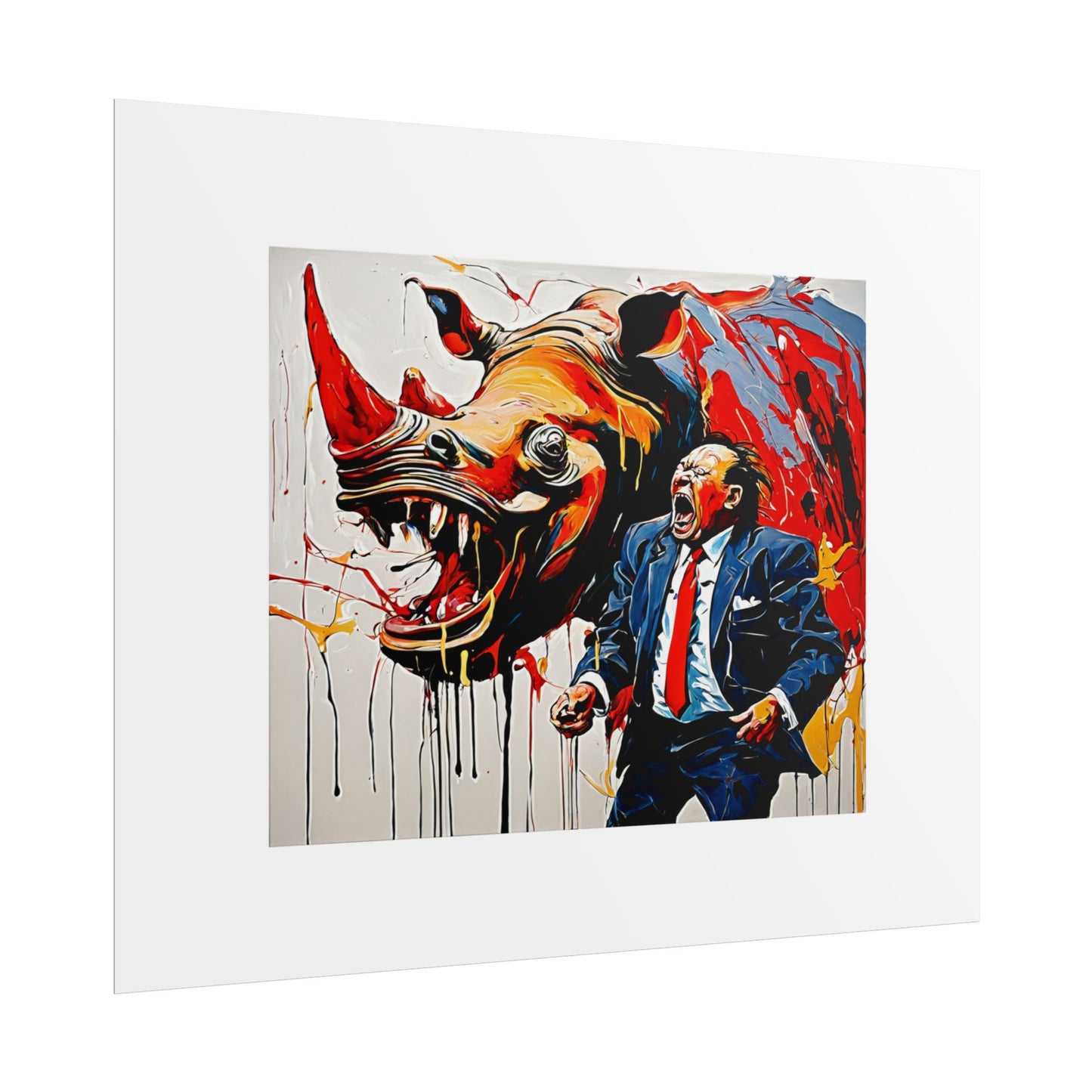 Rhinoceros wearing a business suit screaming aloud while seeing the stock price crash by Kazuo Shiraga Wall Art Print