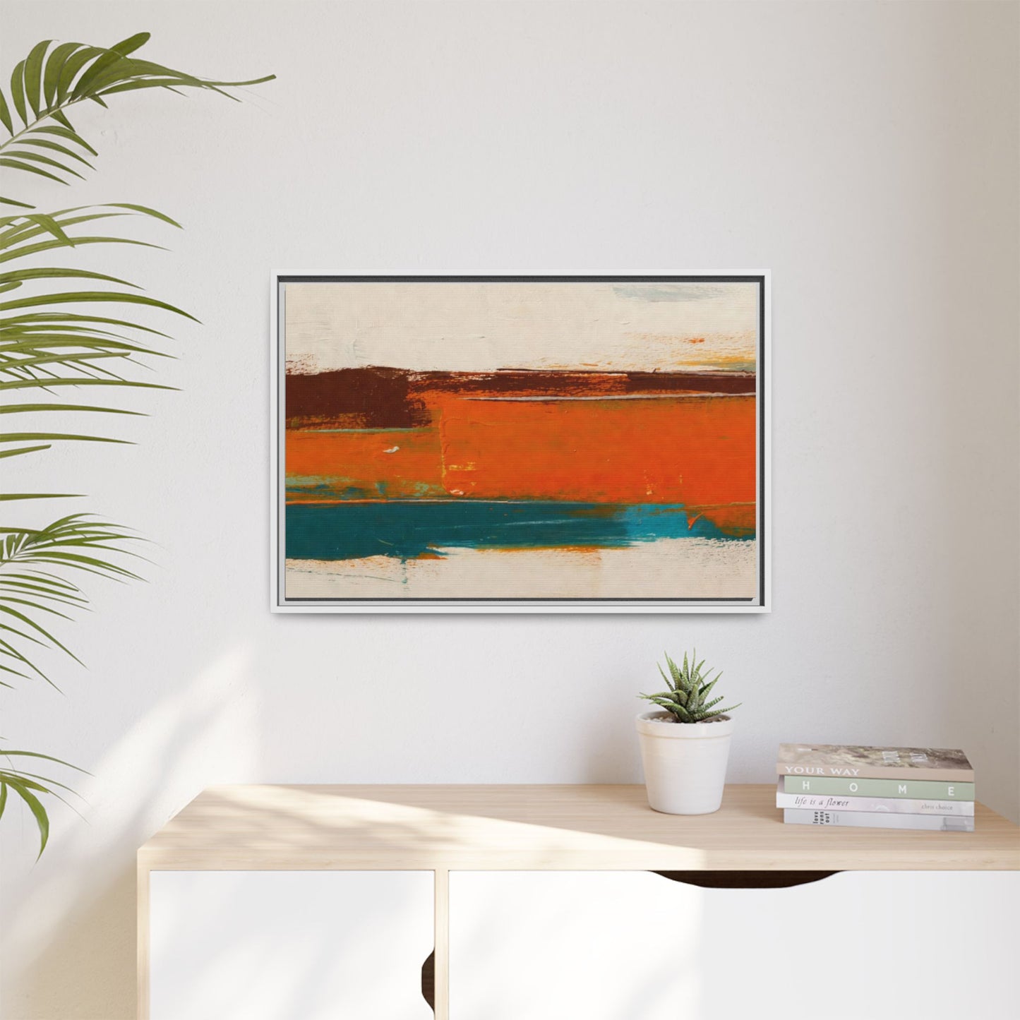 Abstract Horizon Matte Canvas Framed Print — Modern Orange Teal Wall Art