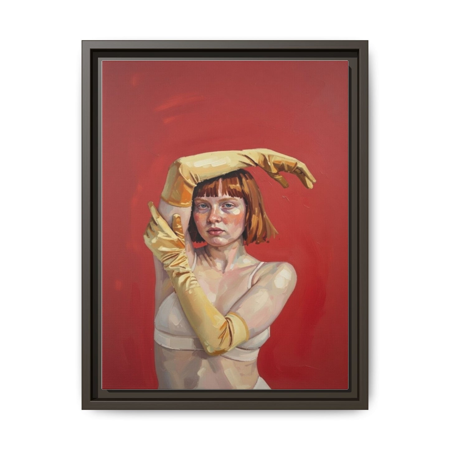 Framed Matte Canvas Art - Portrait of Woman in Yellow Gloves (Red Background)