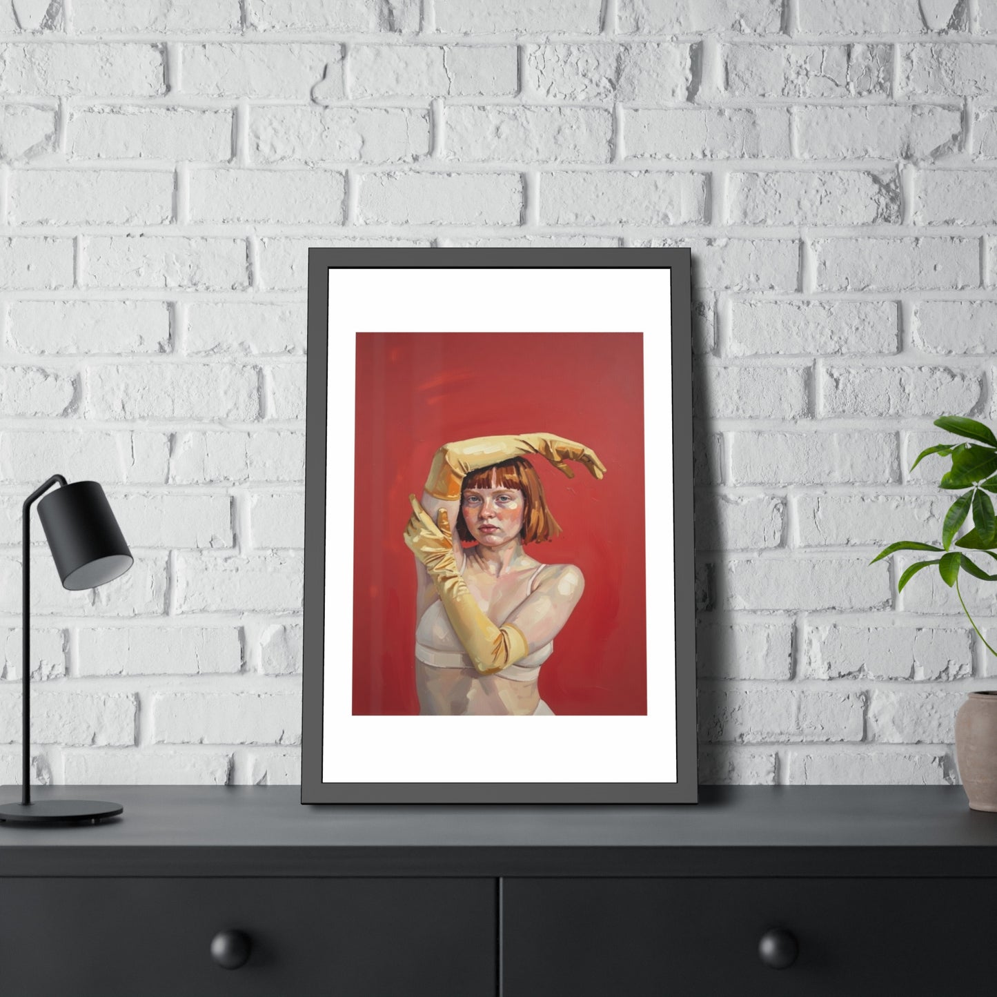 Framed Art Print — Retro Portrait with Yellow Gloves on Red Background