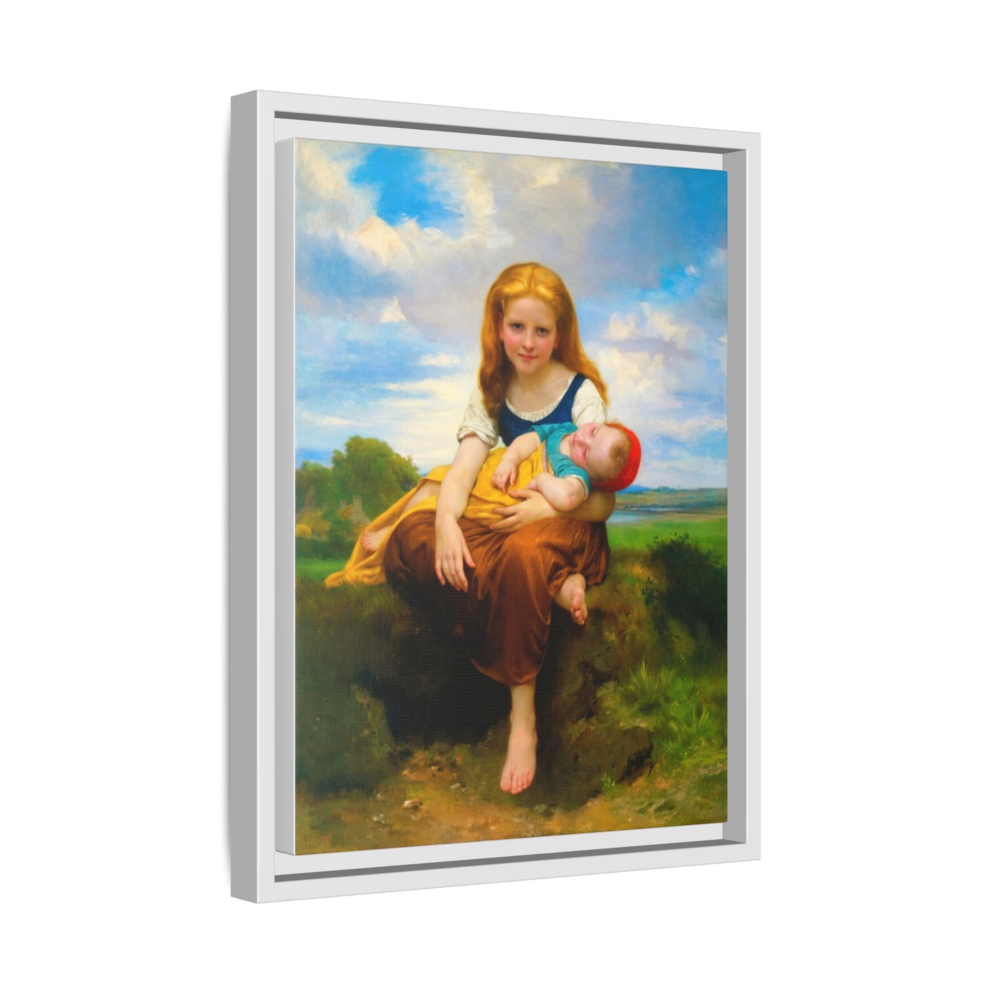 Young Girl Holding Sleeping Baby Canvas Print, Framed Wall Art