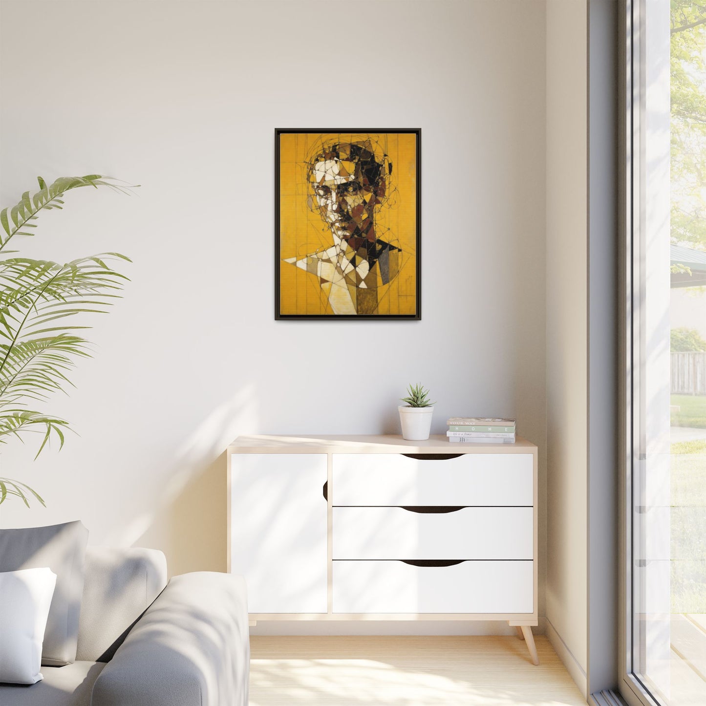 Framed Matte Canvas Art - Abstract Geometric Portrait on Mustard Yellow