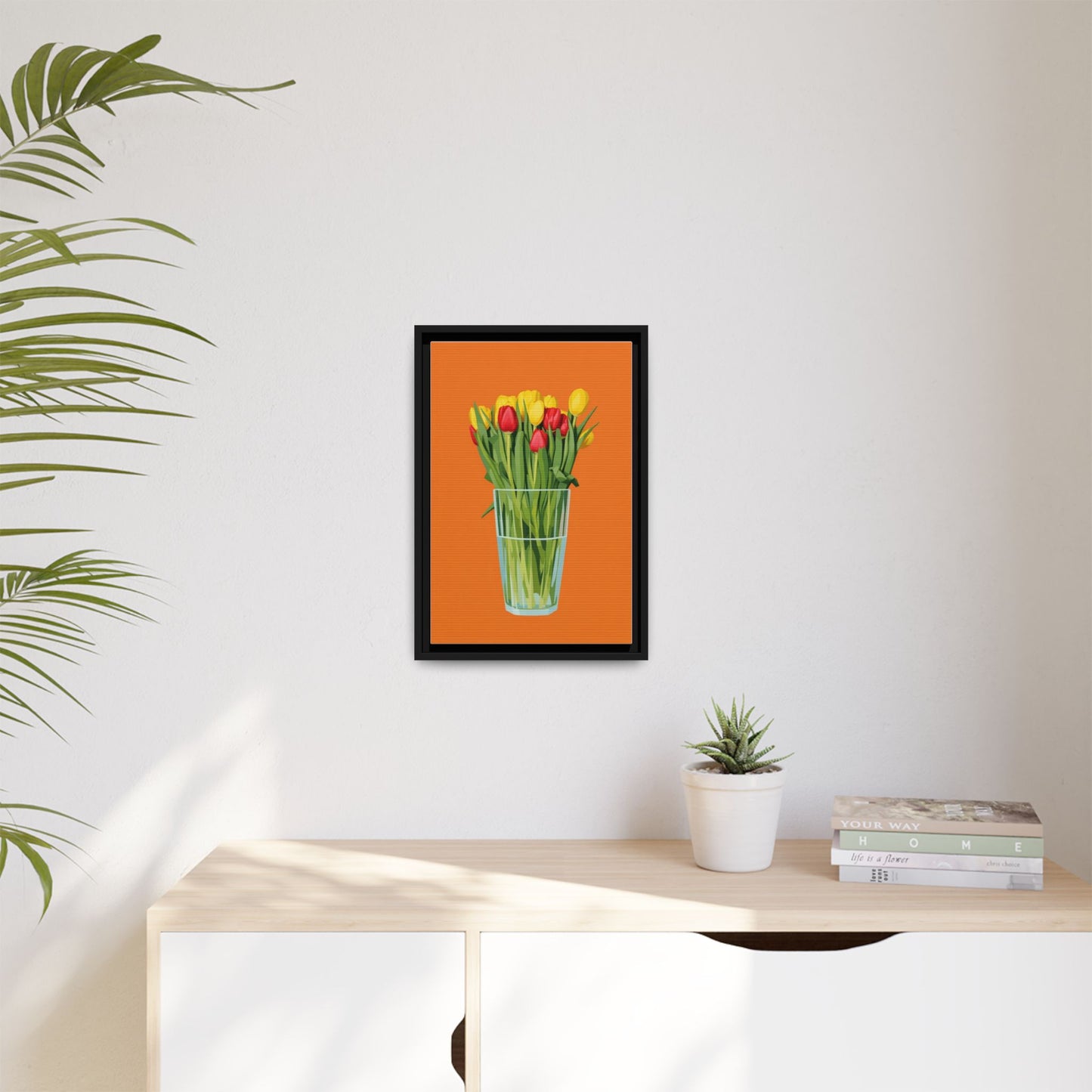 Framed Tulip Canvas Print — Colorful Tulips in Glass Vase