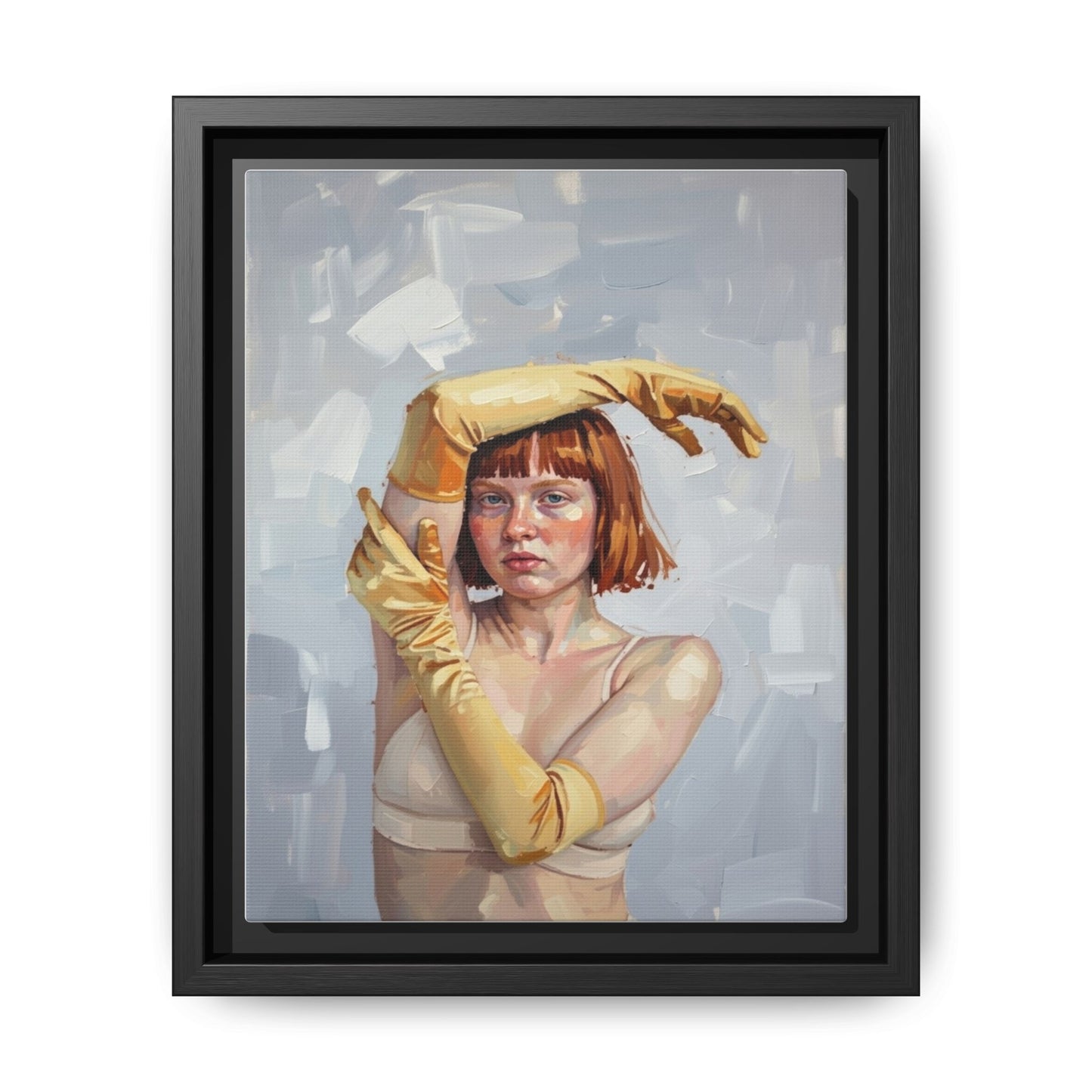 Contemporary Portrait Canvas Print — Woman with Yellow Gloves (Framed Matte)