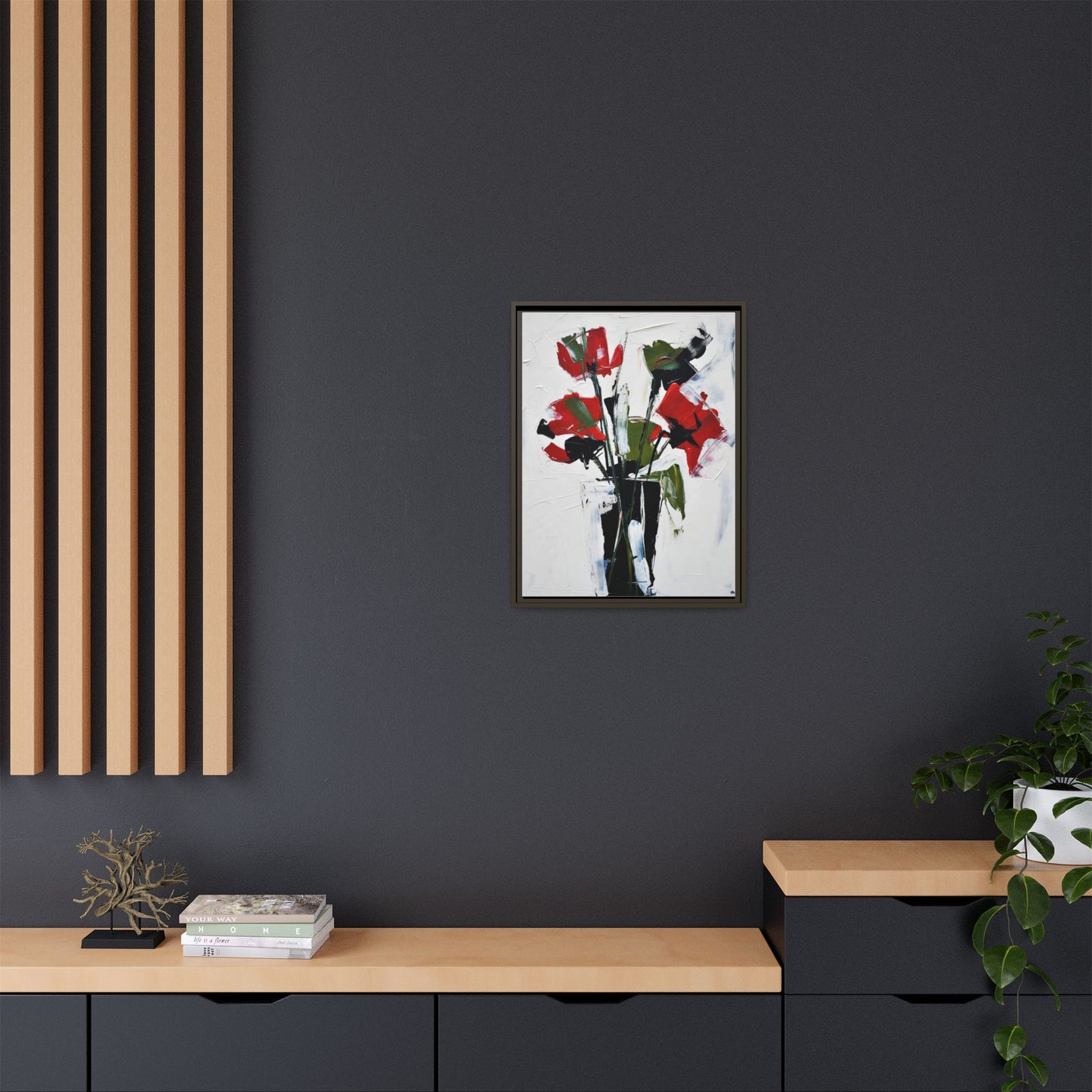 Framed Abstract Floral Canvas Print — Red Poppies in Black Vase