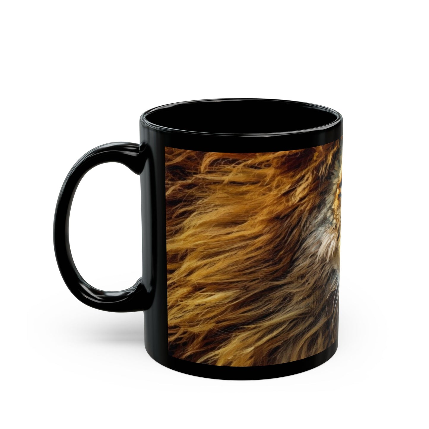 Lion Portrait Black Ceramic Mug — Majestic Wildlife Coffee Cup (11oz, 15oz)