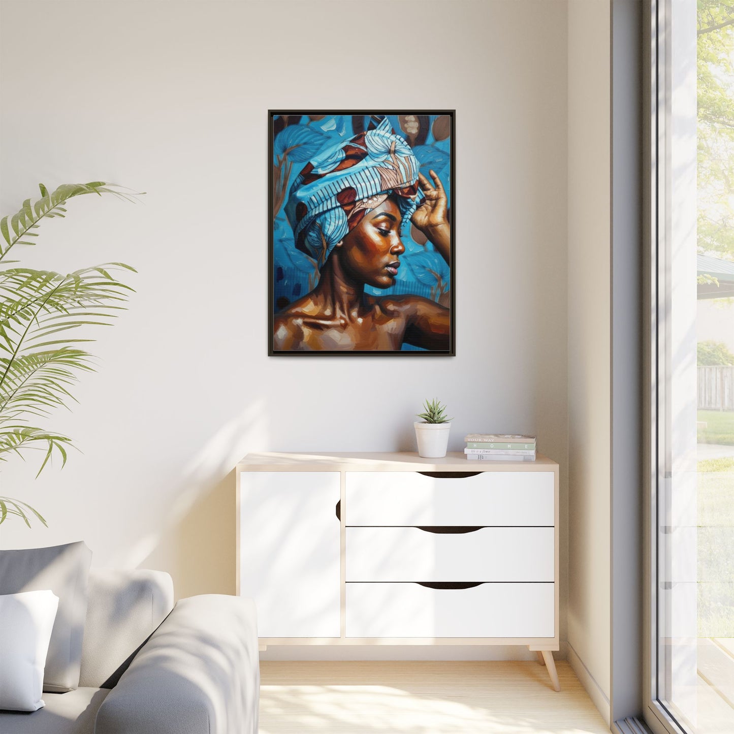 Framed Canvas Art — Portrait of Woman in Blue Headwrap