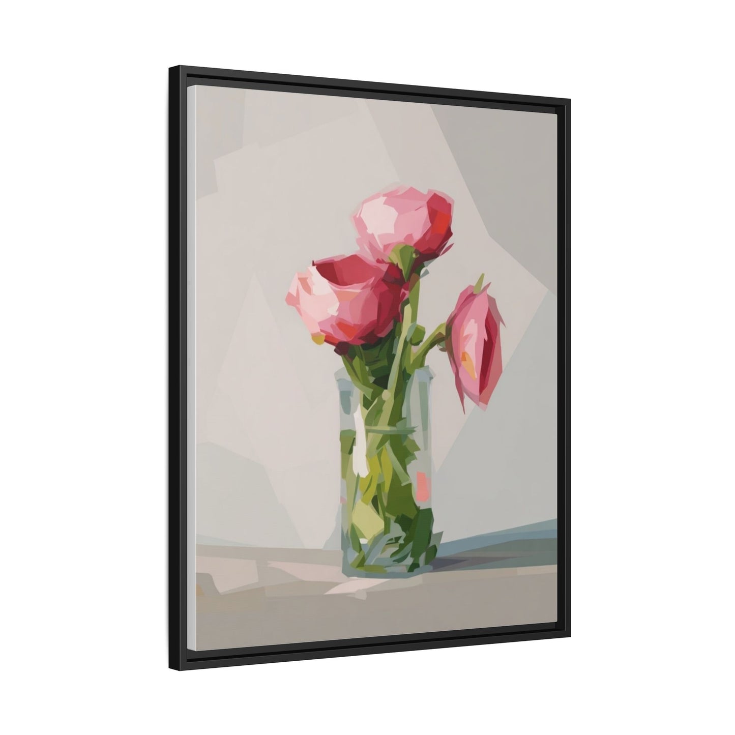 Framed Canvas Art — Pink Roses in Vase, Modern Floral Wall Print