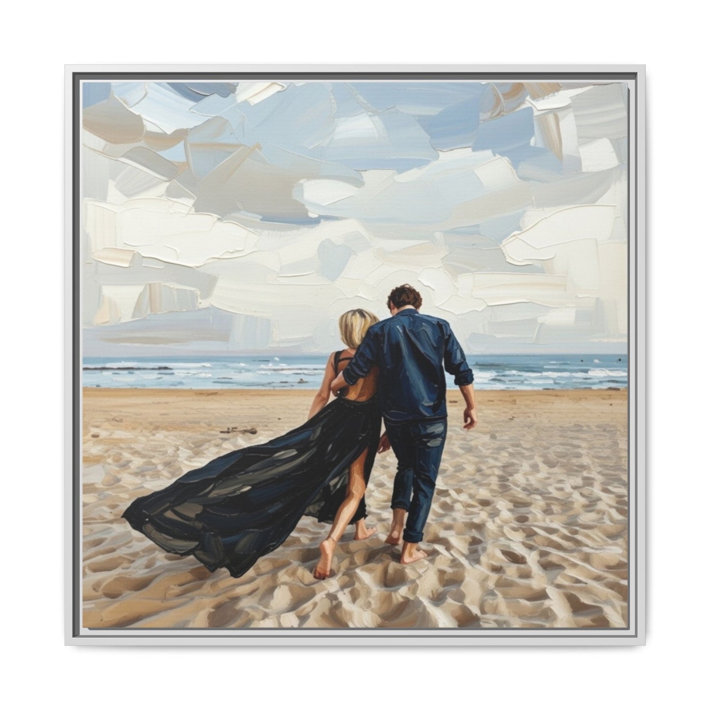 Framed Canvas Wall Art — Romantic Couple Walking on Beach Print
