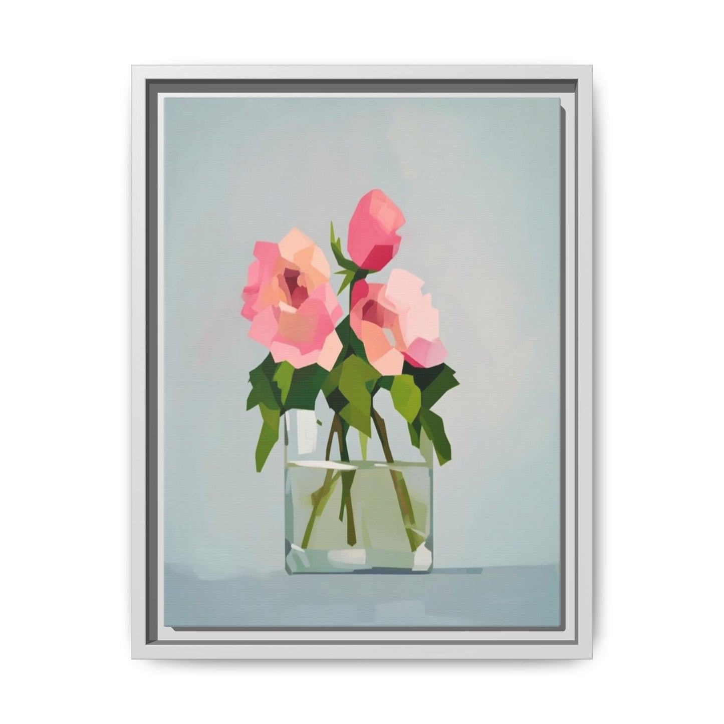 Framed Floral Canvas Print — Pink Roses in Glass Vase (Matte)
