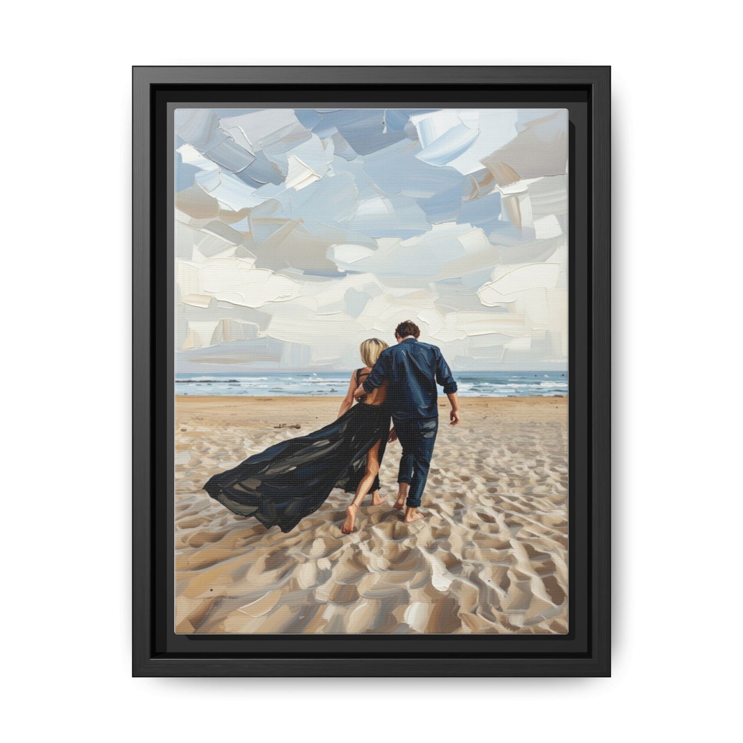 Framed Canvas Wall Art — Romantic Couple Walking on Beach Print
