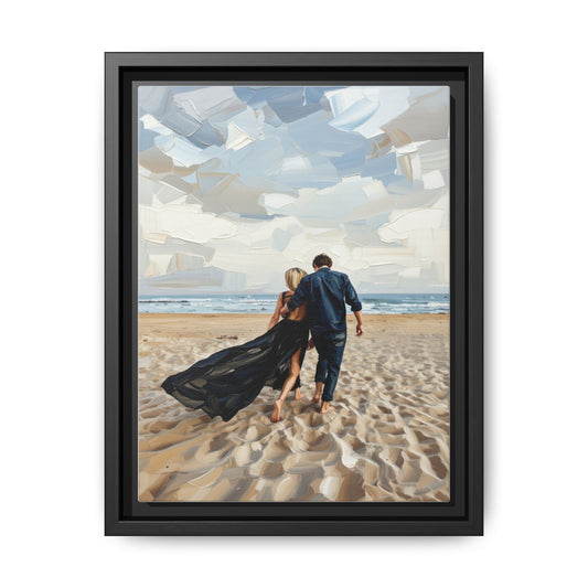 Framed Canvas Wall Art — Romantic Couple Walking on Beach Print