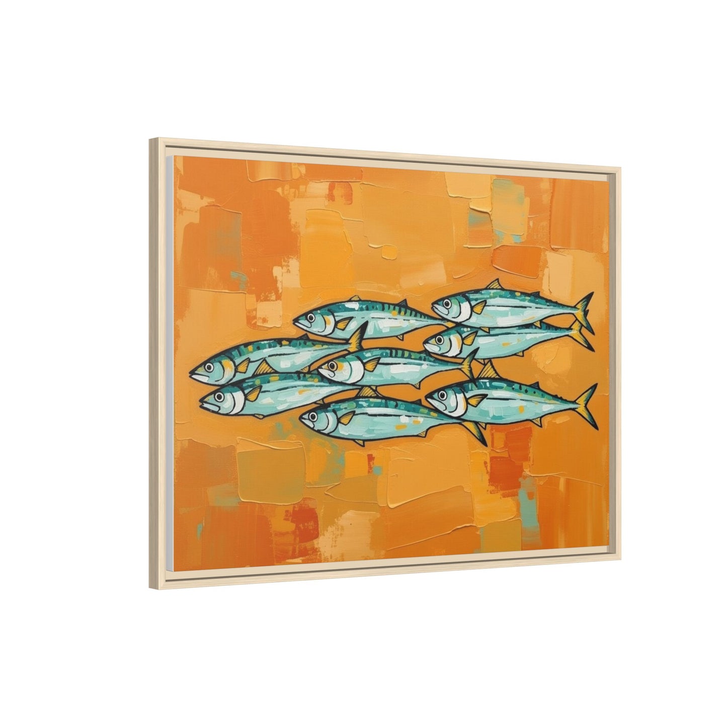 Framed Matte Canvas Print — School of Blue Fish on Orange Abstract Background
