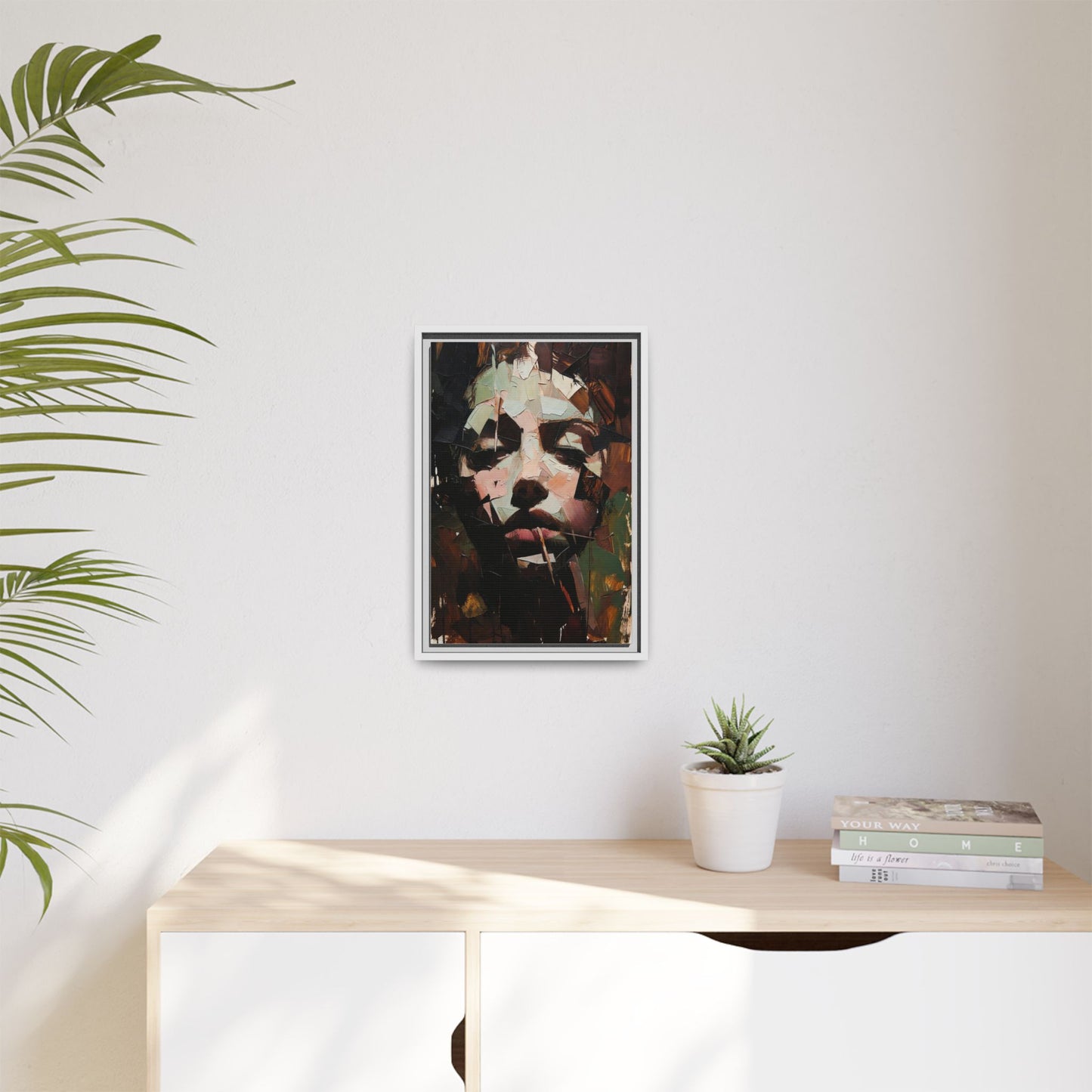 Matte Framed Canvas Art — Abstract Female Portrait, Moody Multicolor