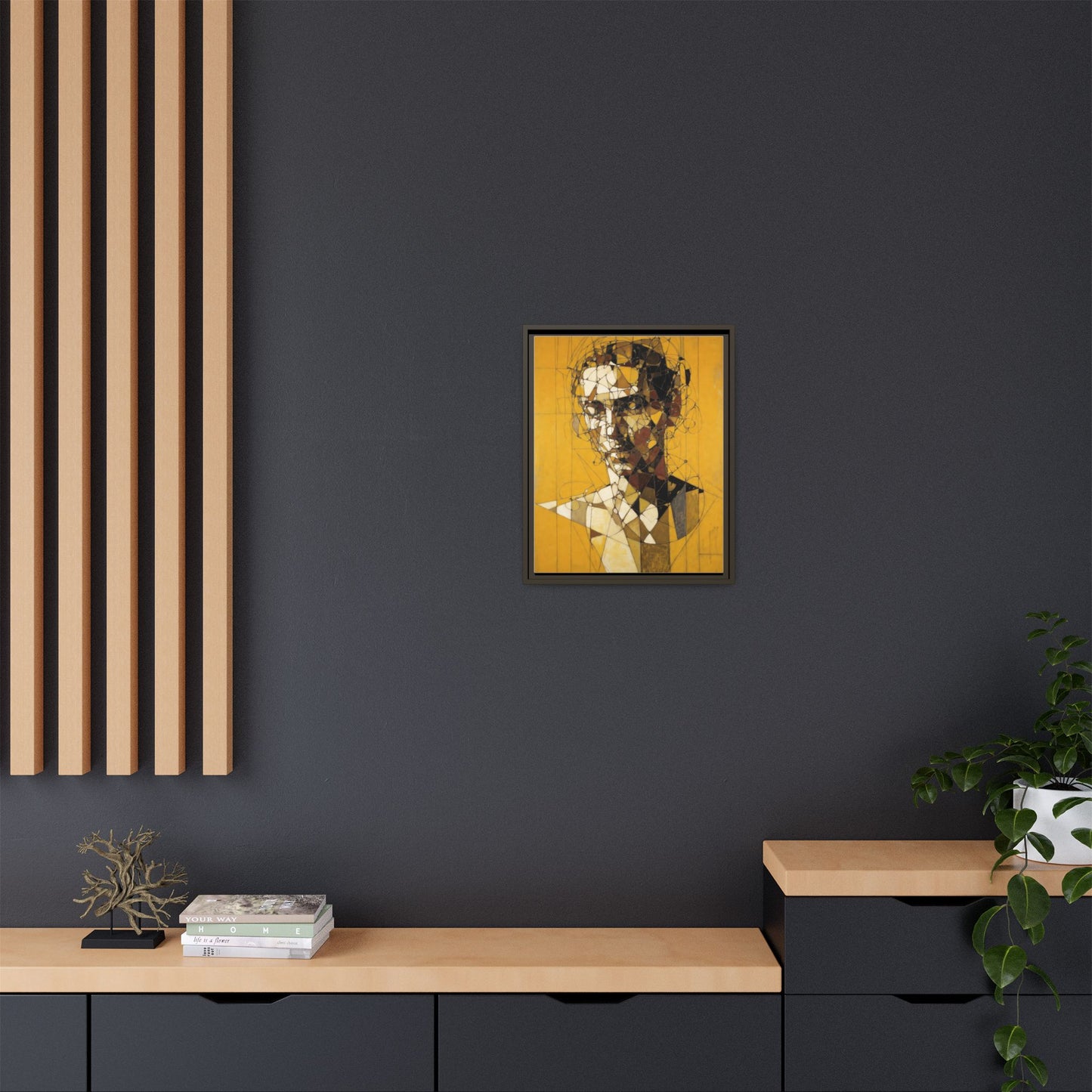 Framed Matte Canvas Art - Abstract Geometric Portrait on Mustard Yellow
