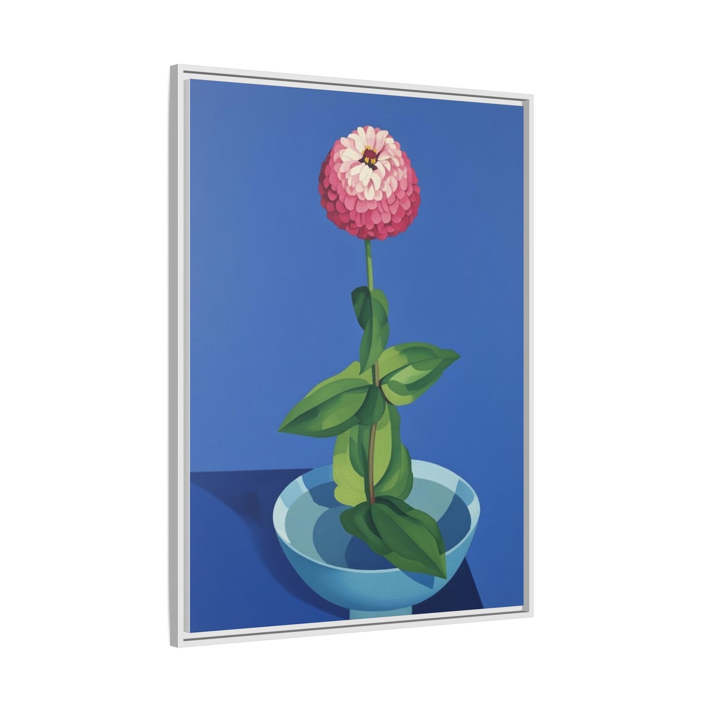 Framed Matte Canvas Art — Pink Zinnia in Blue Bowl (Botanical Still Life)