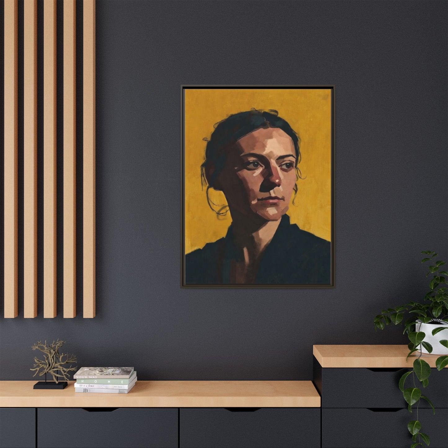 Framed Matte Canvas Portrait Art — Moody Woman on Mustard Background