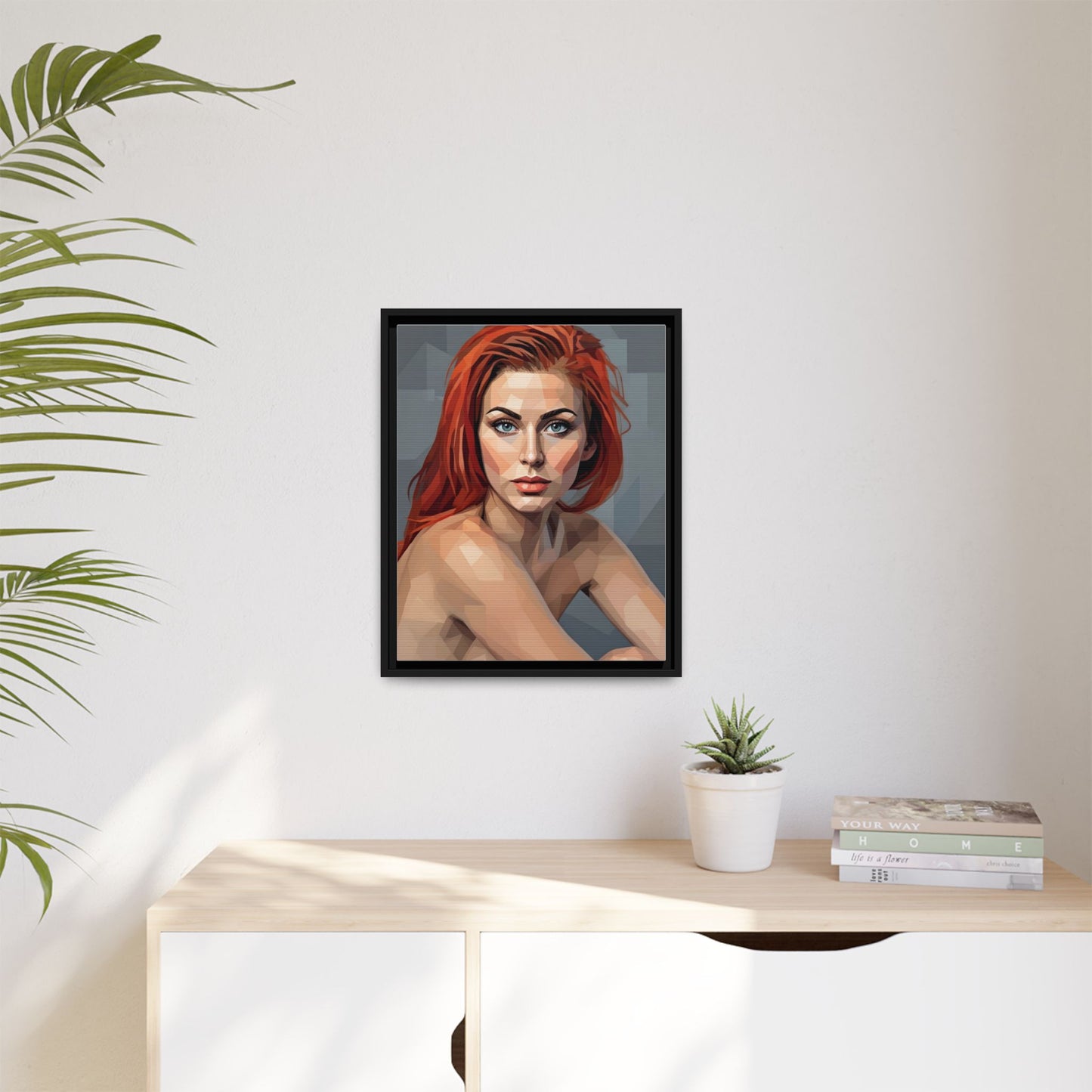 Framed Matte Canvas Portrait — Geometric Redhead Wall Art