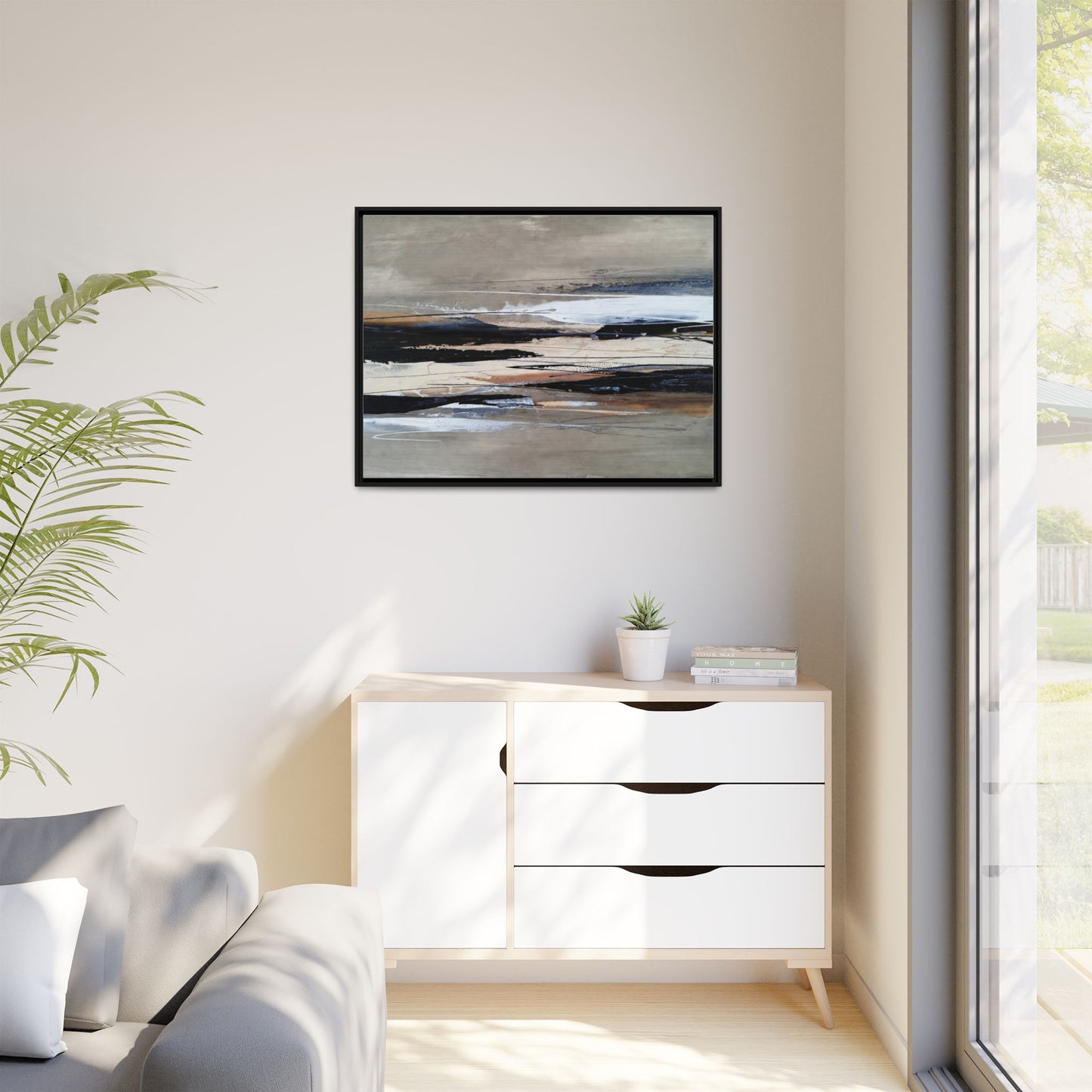 Abstract Seascape Matte Canvas Framed Wall Art — Neutral Coastal Landscape