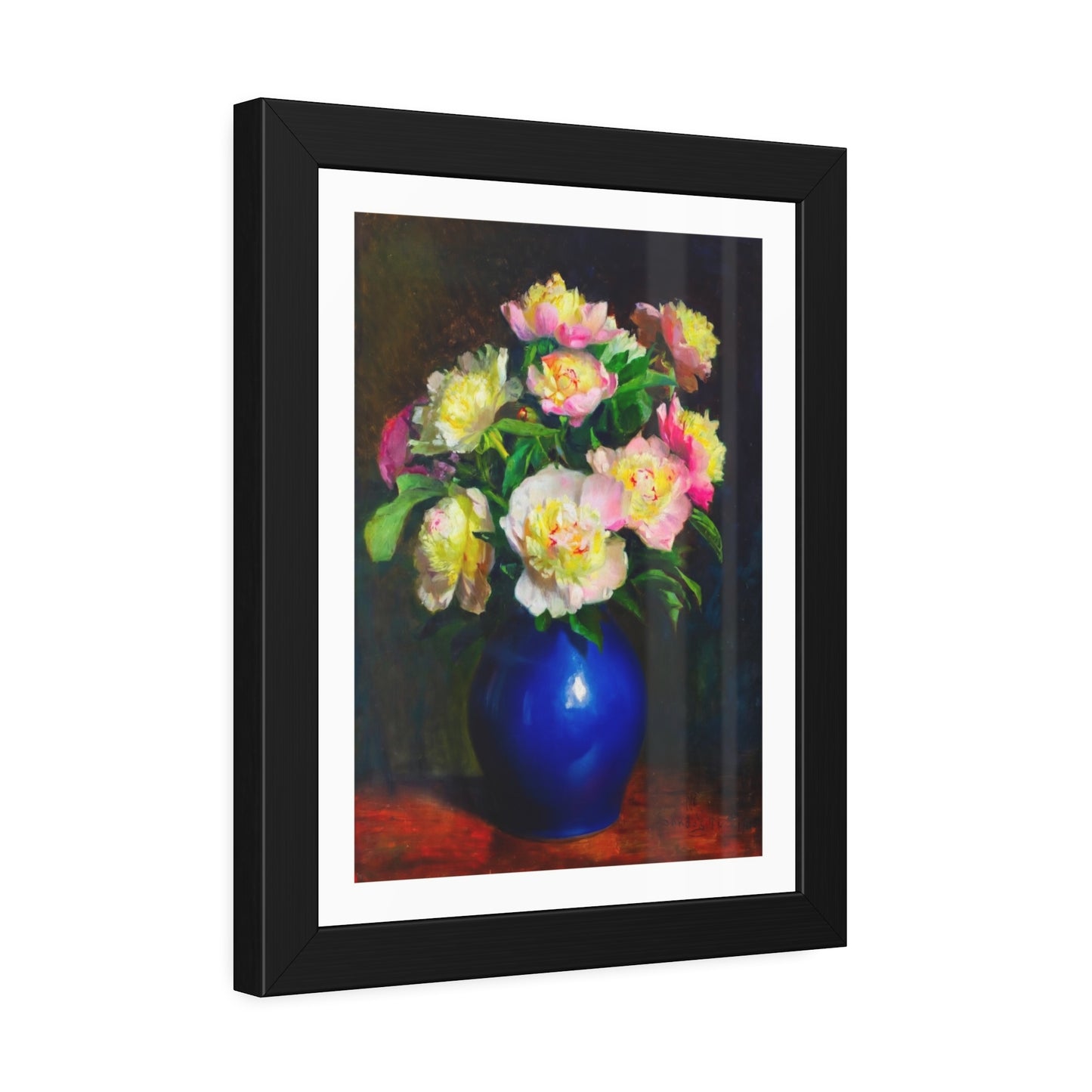 Framed Floral Poster — Pink Peonies in Blue Vase Wall Art