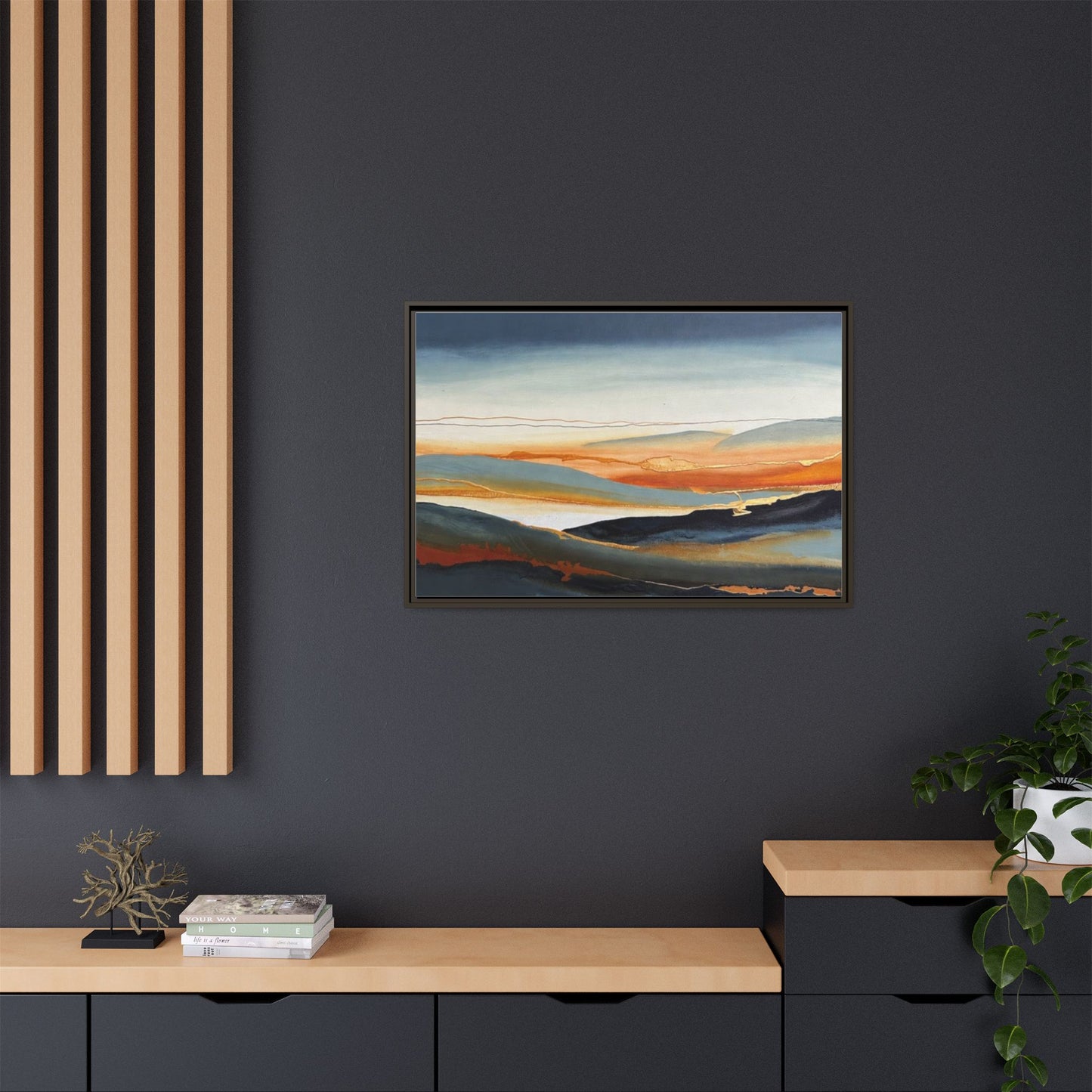 Framed Matte Canvas: Abstract Coastal Sunset Landscape Wall Art