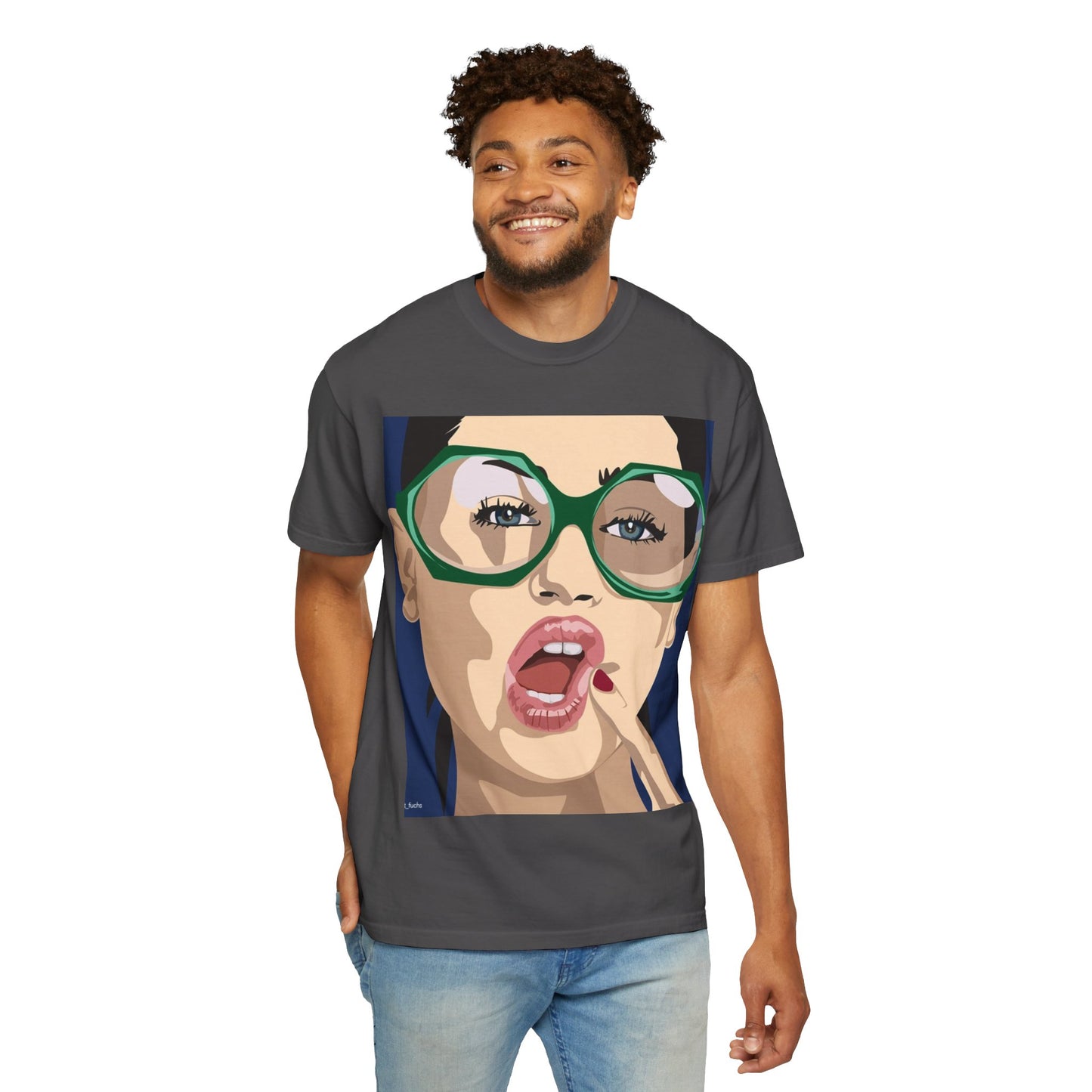Pop Art Woman Graphic T‑Shirt — Retro Chic Green Glasses Design
