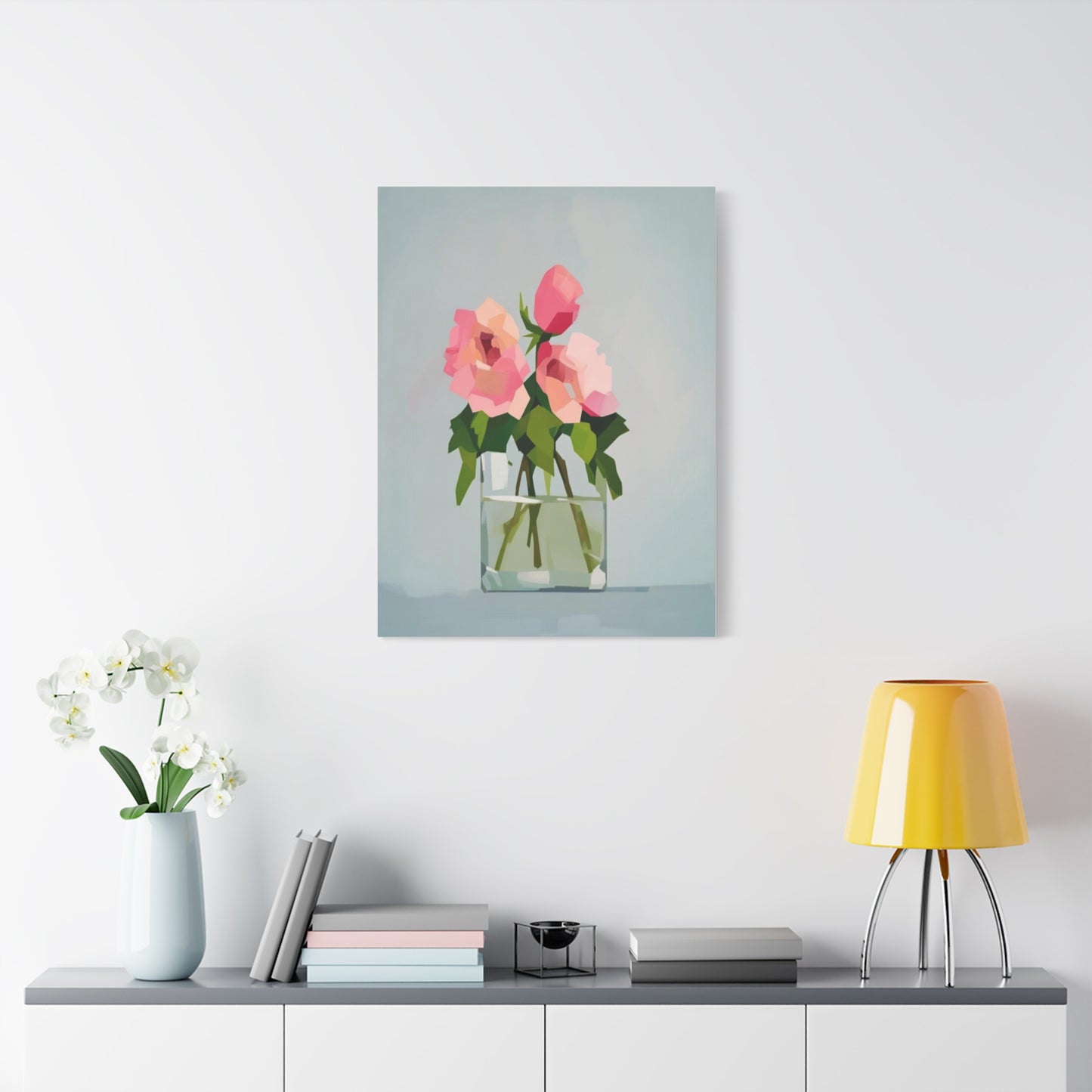 Pink Roses in Square Vase - Matte Stretched Canvas Wall Art
