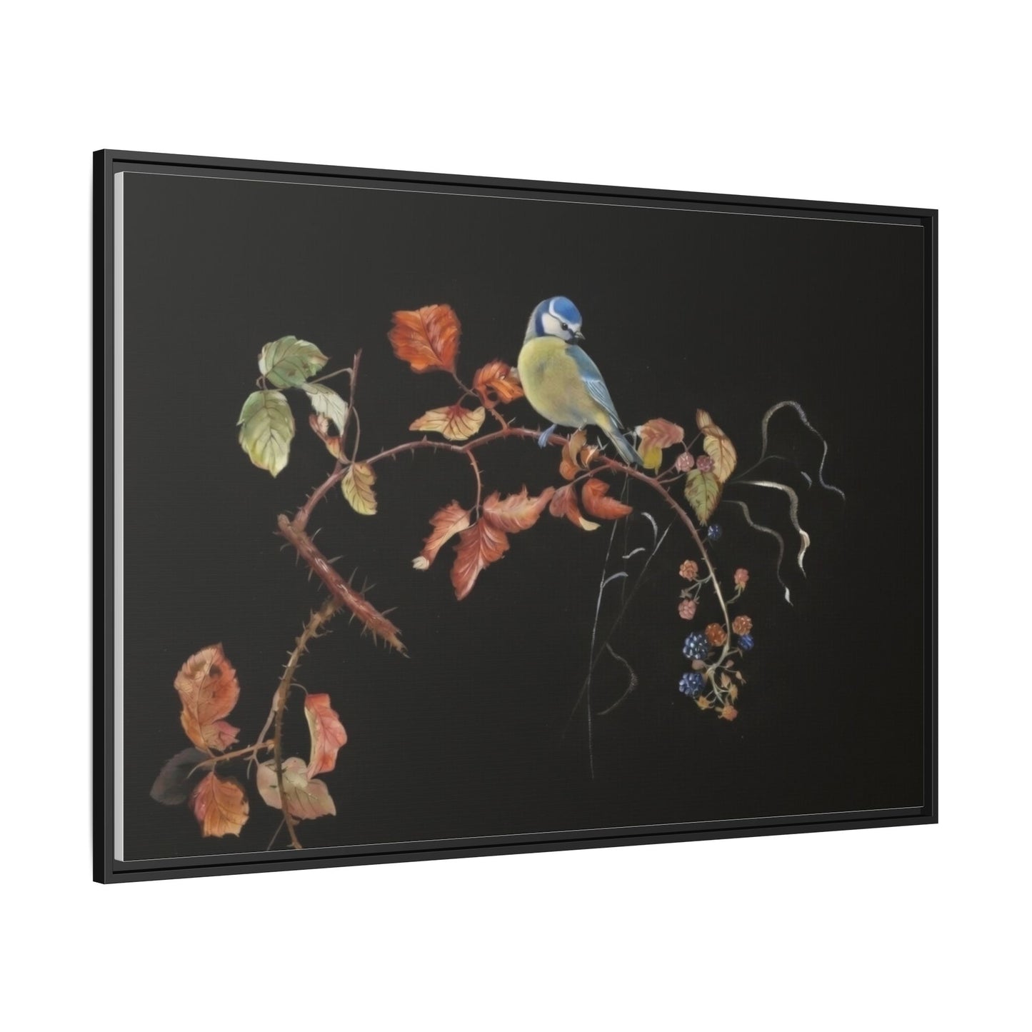 Framed Matte Canvas - Blue Tit on Autumn Branch Wall Art