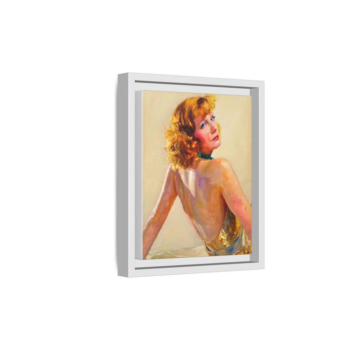 Framed Matte Canvas Print — Vintage Portrait of Redhead Greta Garbo in Gold Dress