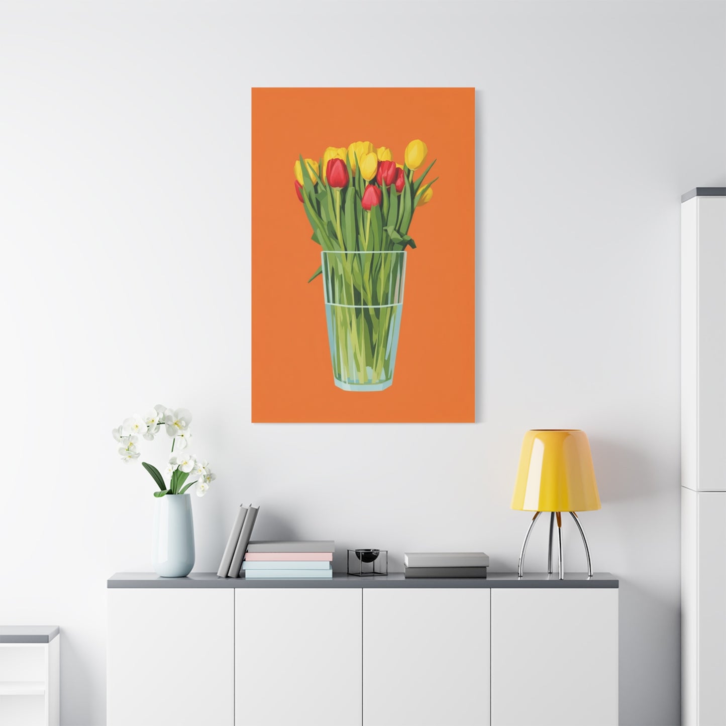 Tulip Bouquet Canvas Wall Art – Glass Vase on Orange