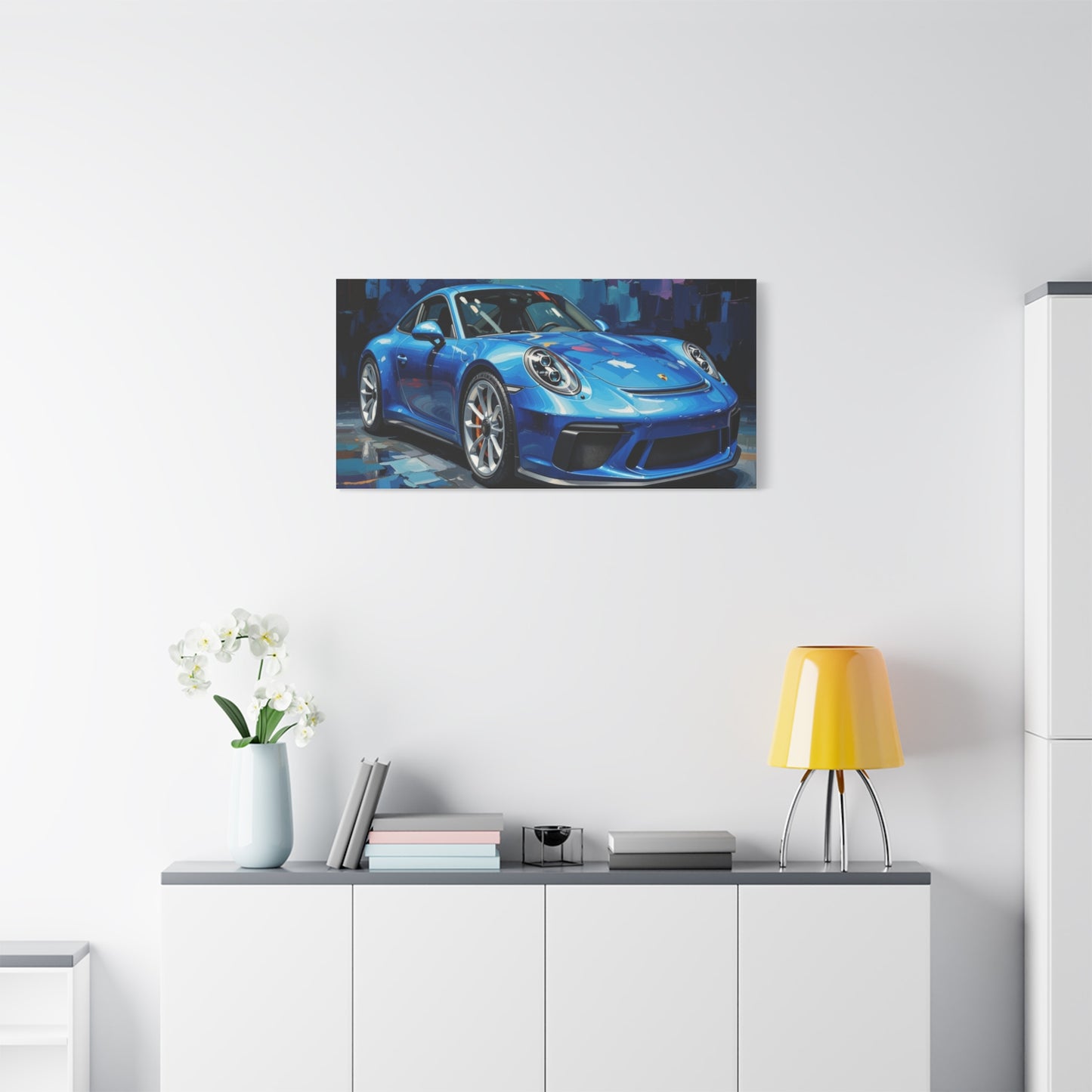 Blue Sports Car Canvas Wall Art — Modern Automotive Painting on Stretched Matte Canvas