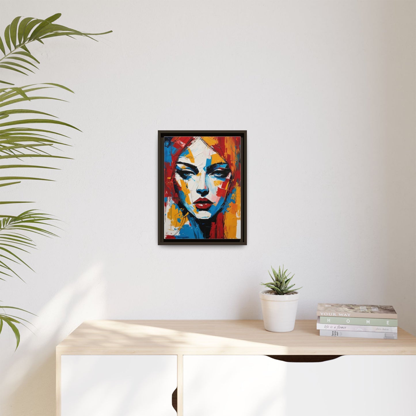 Framed Abstract Portrait Canvas — Colorful Female Face Wall Art