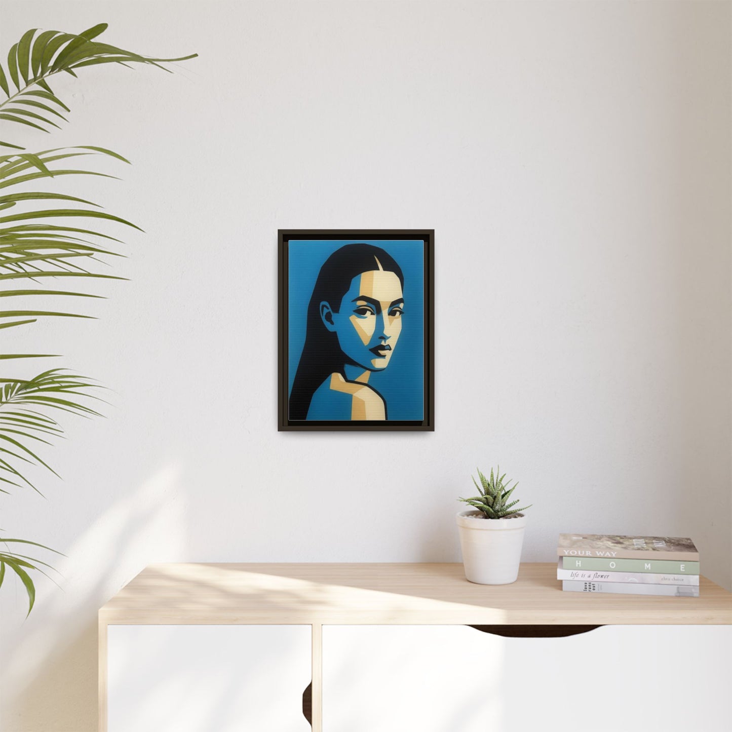 Framed Pop Art Portrait Canvas — Blue Geometric Woman Print
