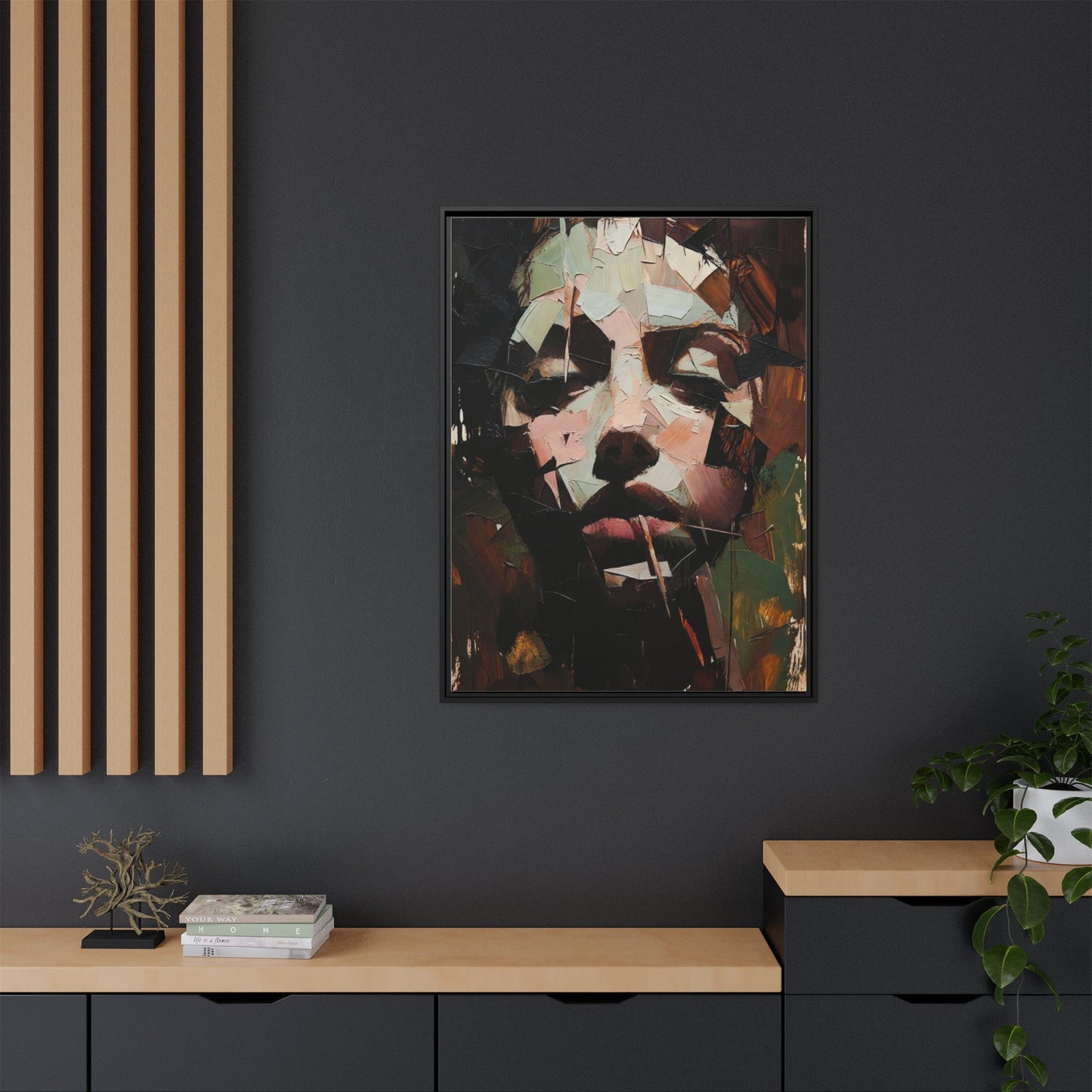 Matte Framed Canvas Art — Abstract Female Portrait, Moody Multicolor